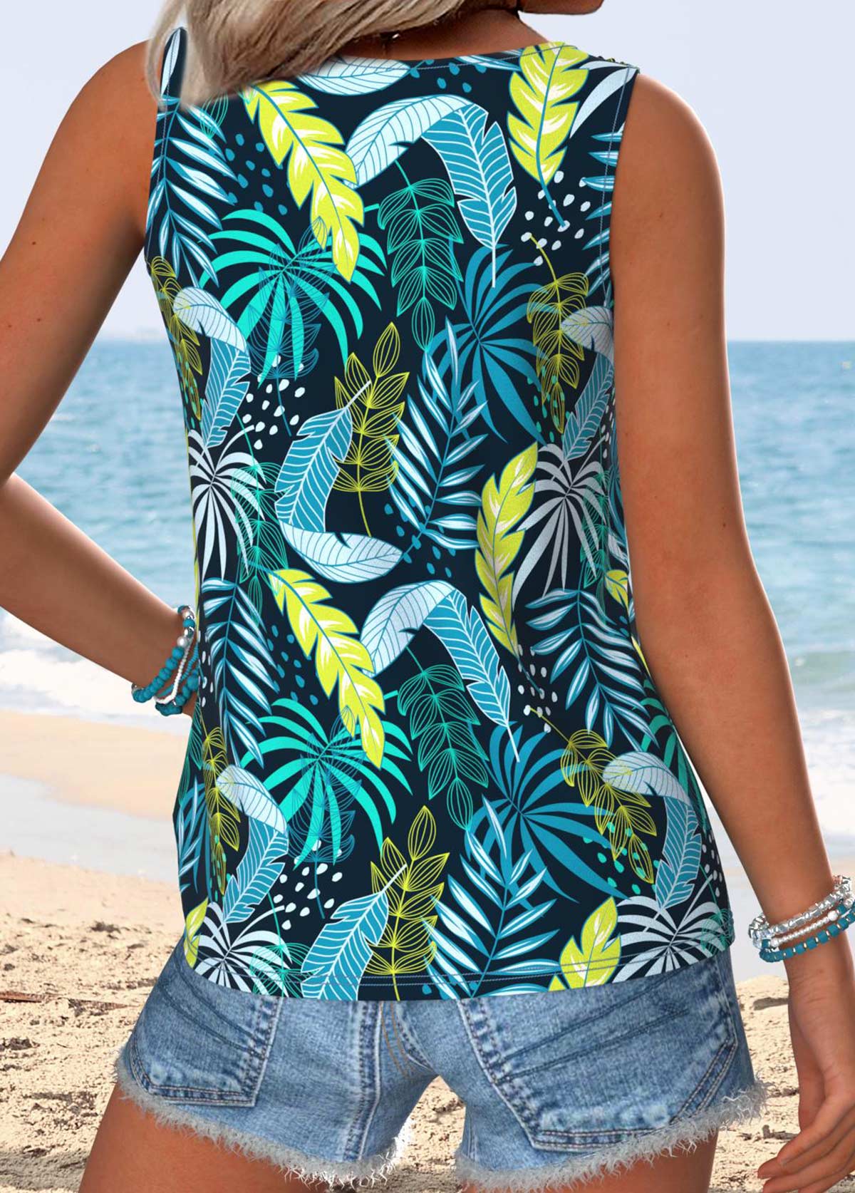 Multi Color Tummy Coverage Tropical Plants Print Camisole Top | picture 