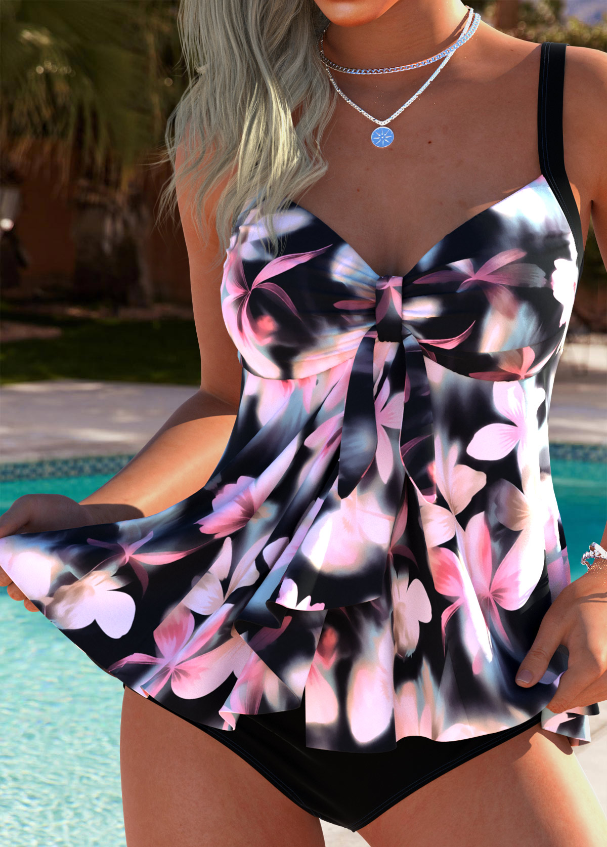 Tummy Coverage Mid Waisted Floral Print Pink Tankini Set | picture 