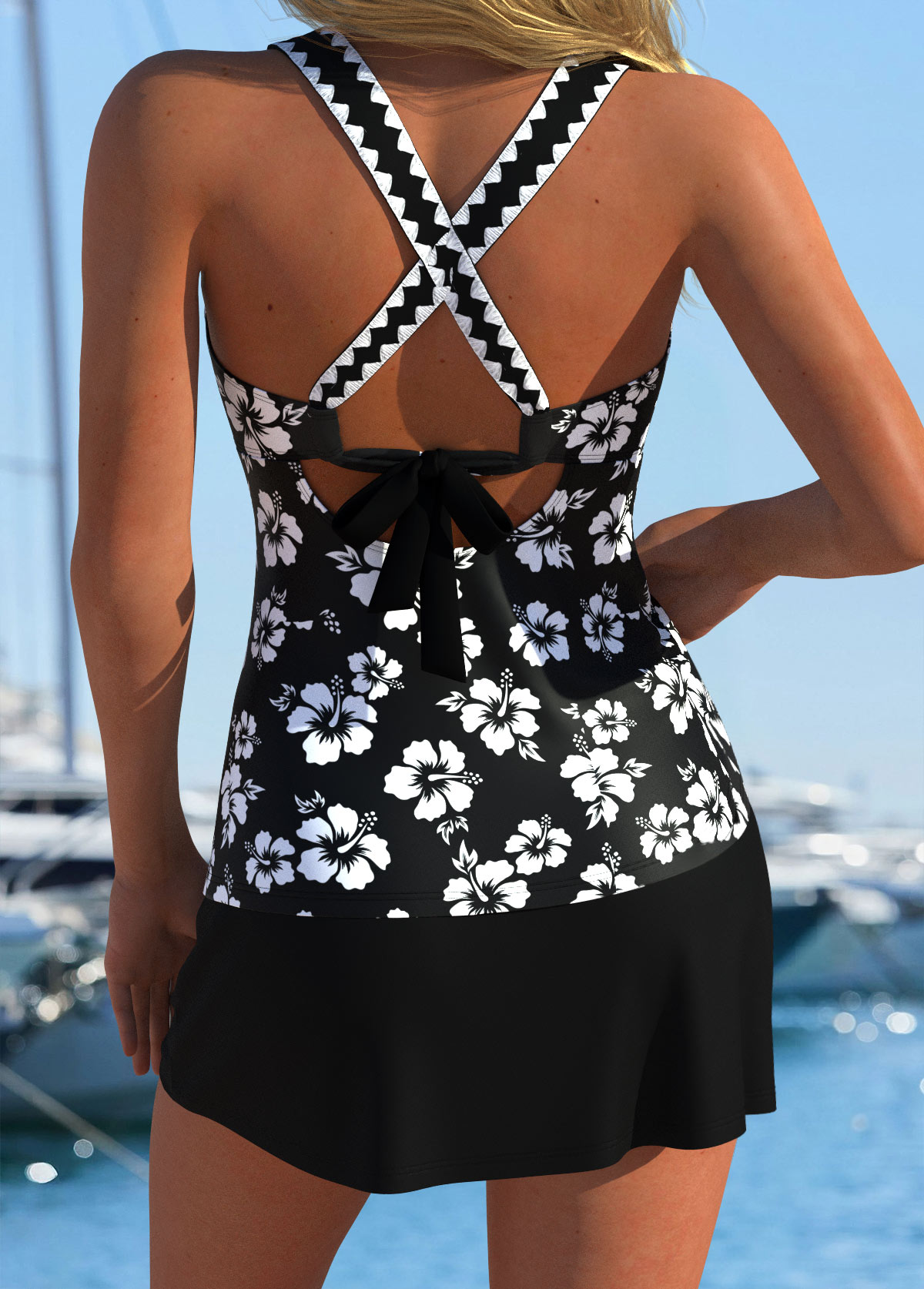 Lace Up Mid Waisted Floral Print Black Tankini Set | picture 