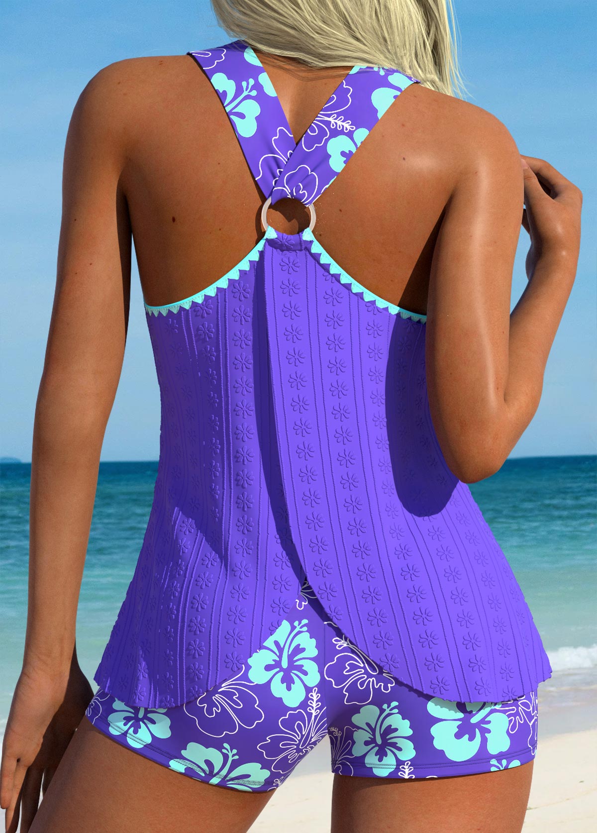 Circular Ring Mid Waisted Floral Print Purple Tankini Set | picture 