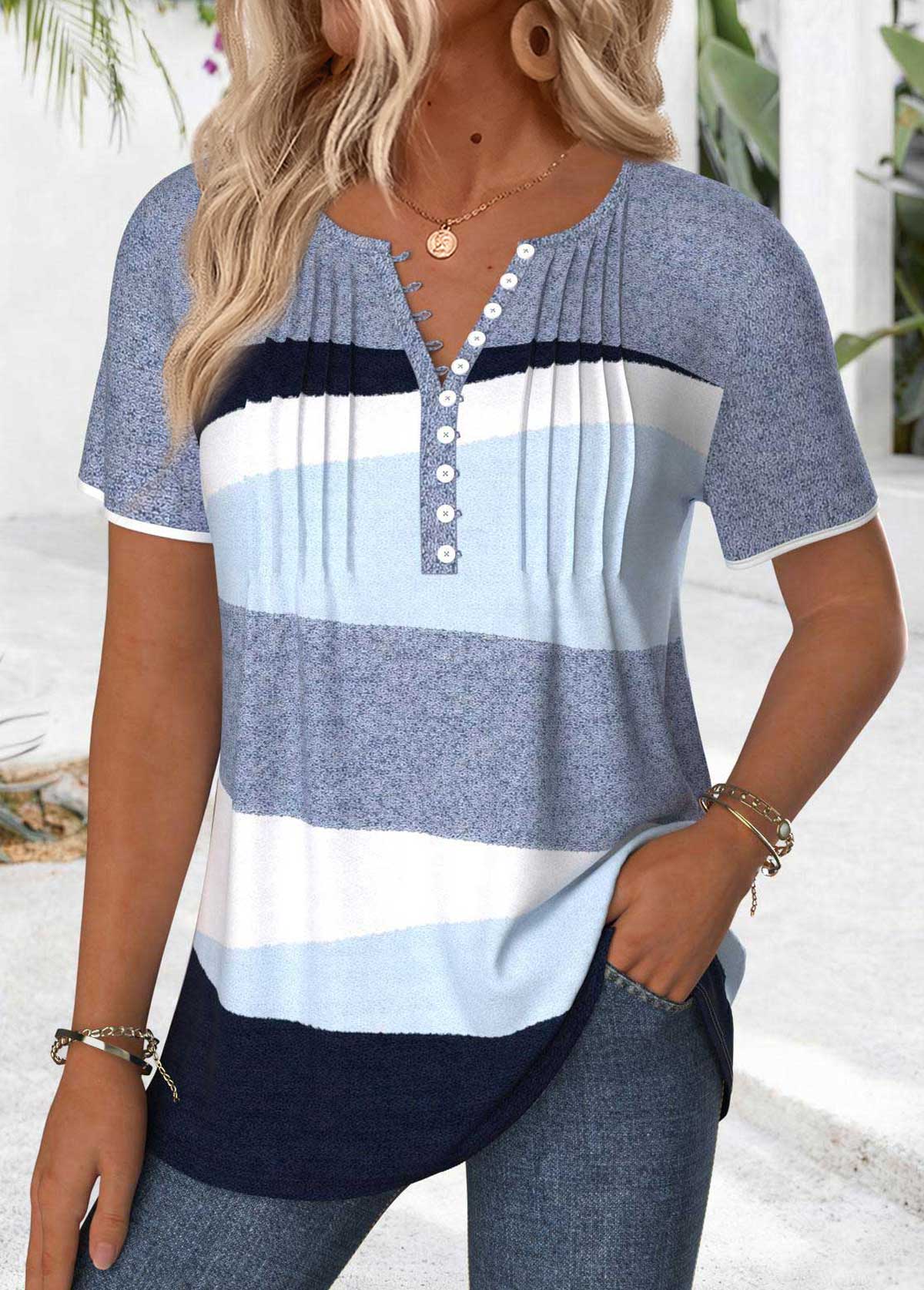 Blue Tummy Coverage Geometric Print Short Sleeve T Shirt | picture 