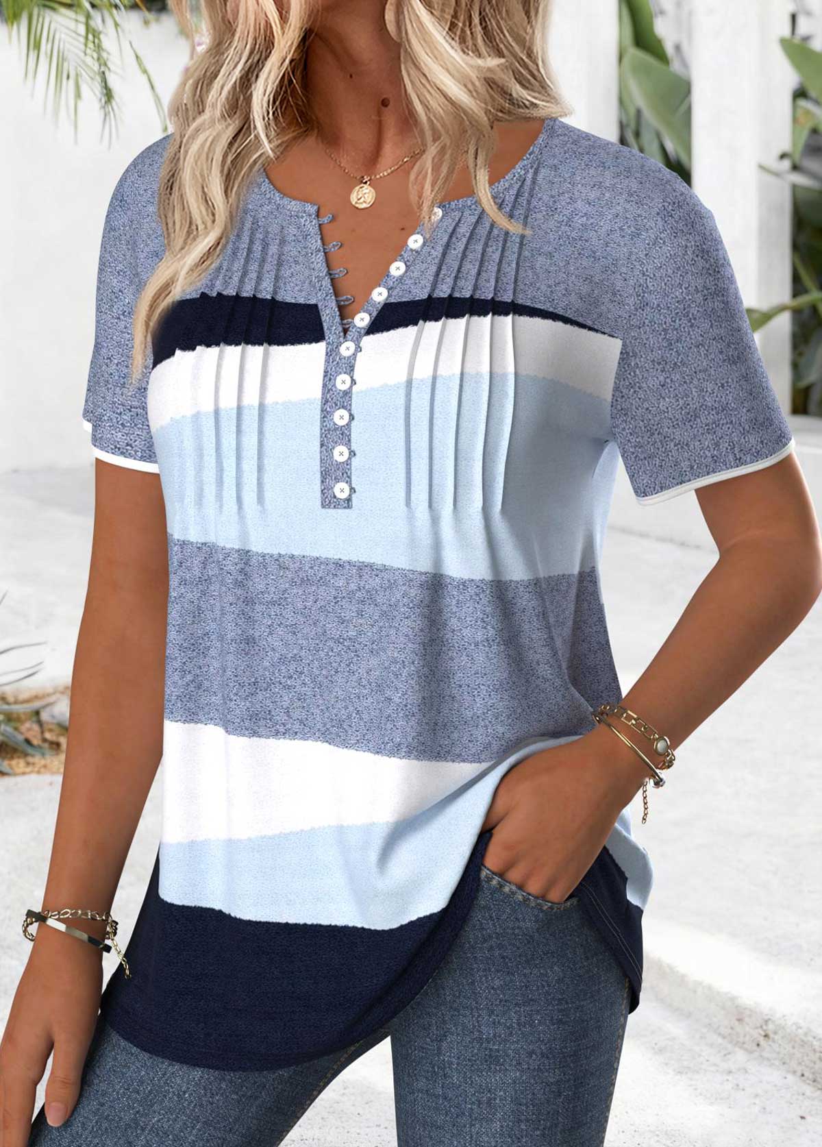 Blue Tummy Coverage Geometric Print Short Sleeve T Shirt | picture 