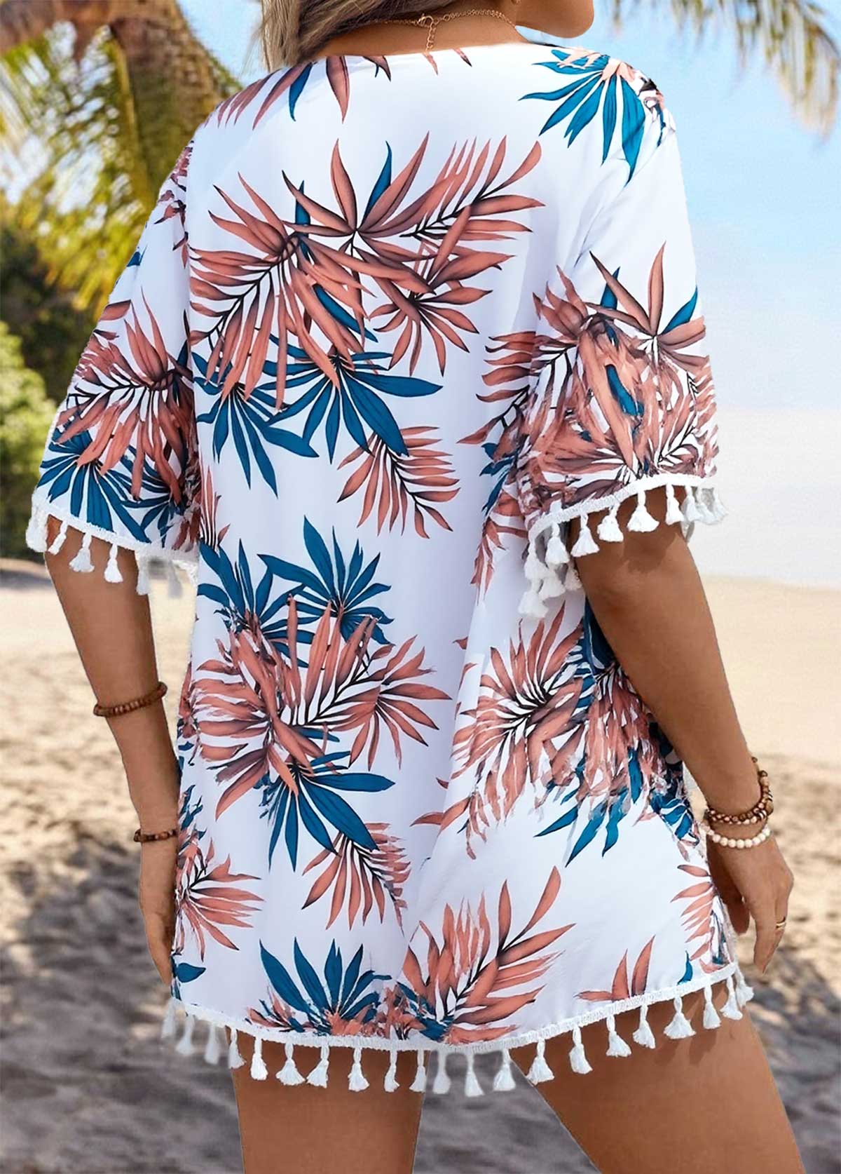 Multi Color Tummy Coverage Tropical Plants Print Light Cardigan | picture 