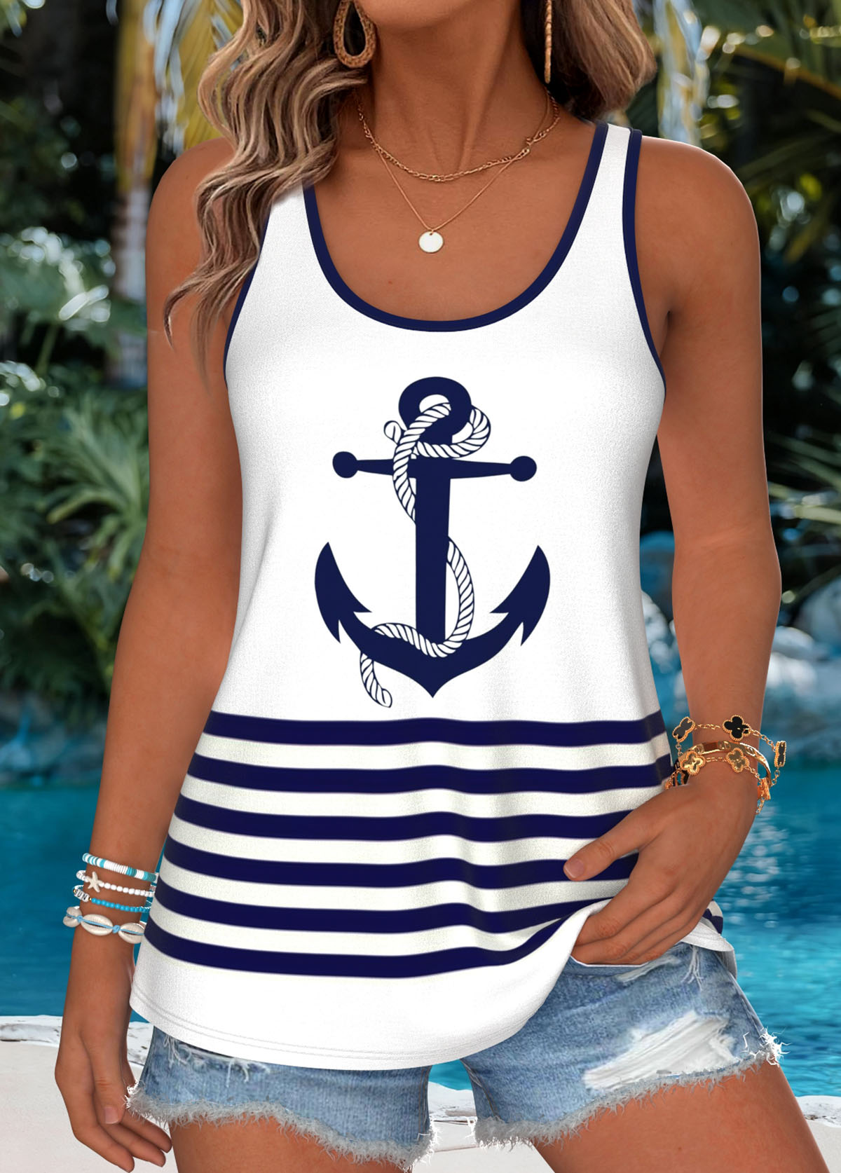 White Striped Sleeveless Scoop Neck Tank Top | picture 