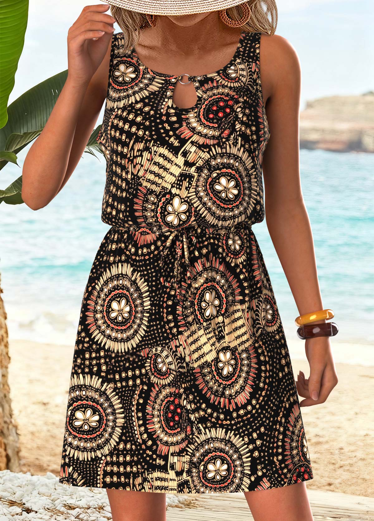 Black Tummy Coverage Tribal Print Short Sleeveless Dress | picture 
