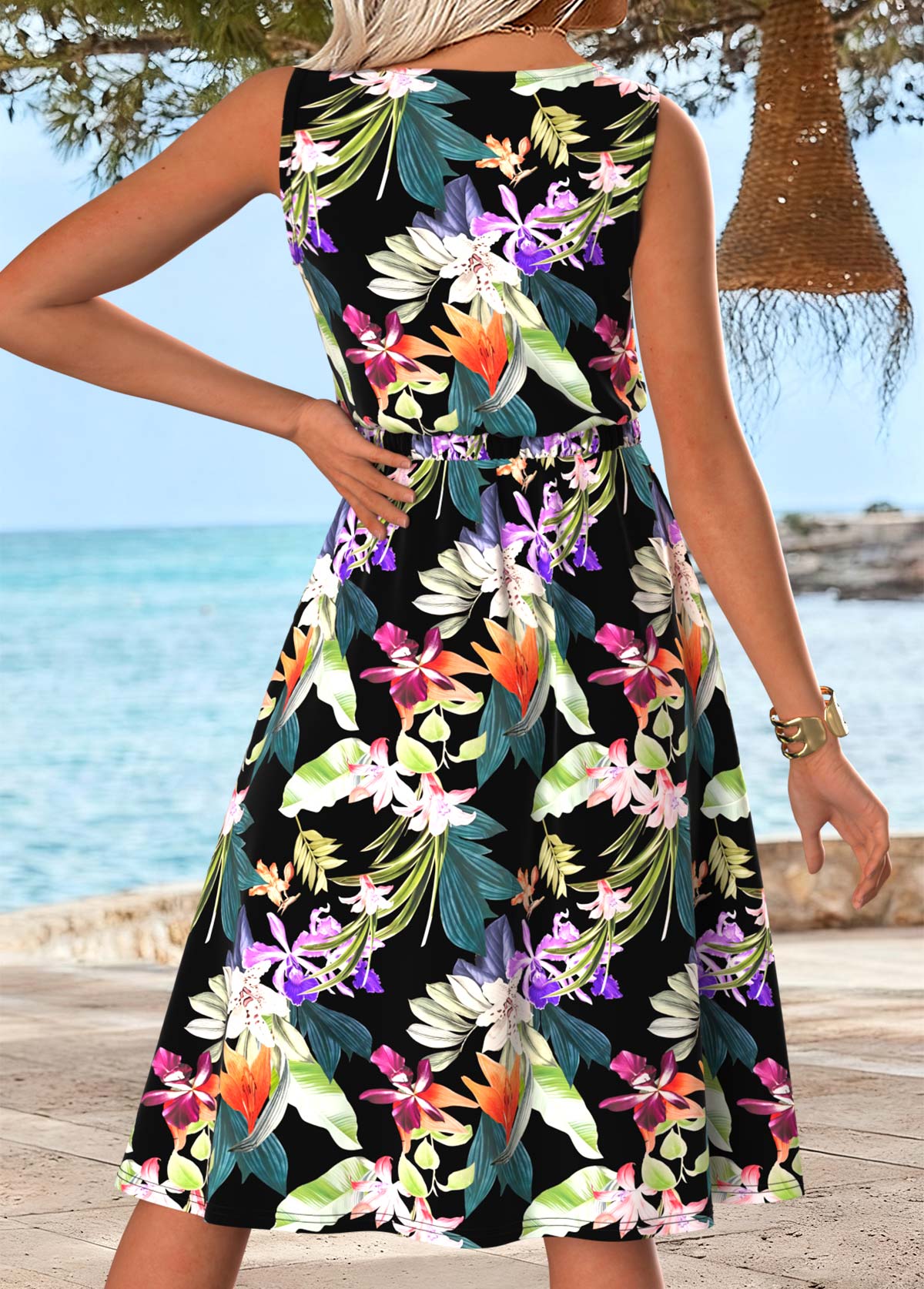 Multi Color Tummy Coverage Floral Print Sleeveless Dress | picture 
