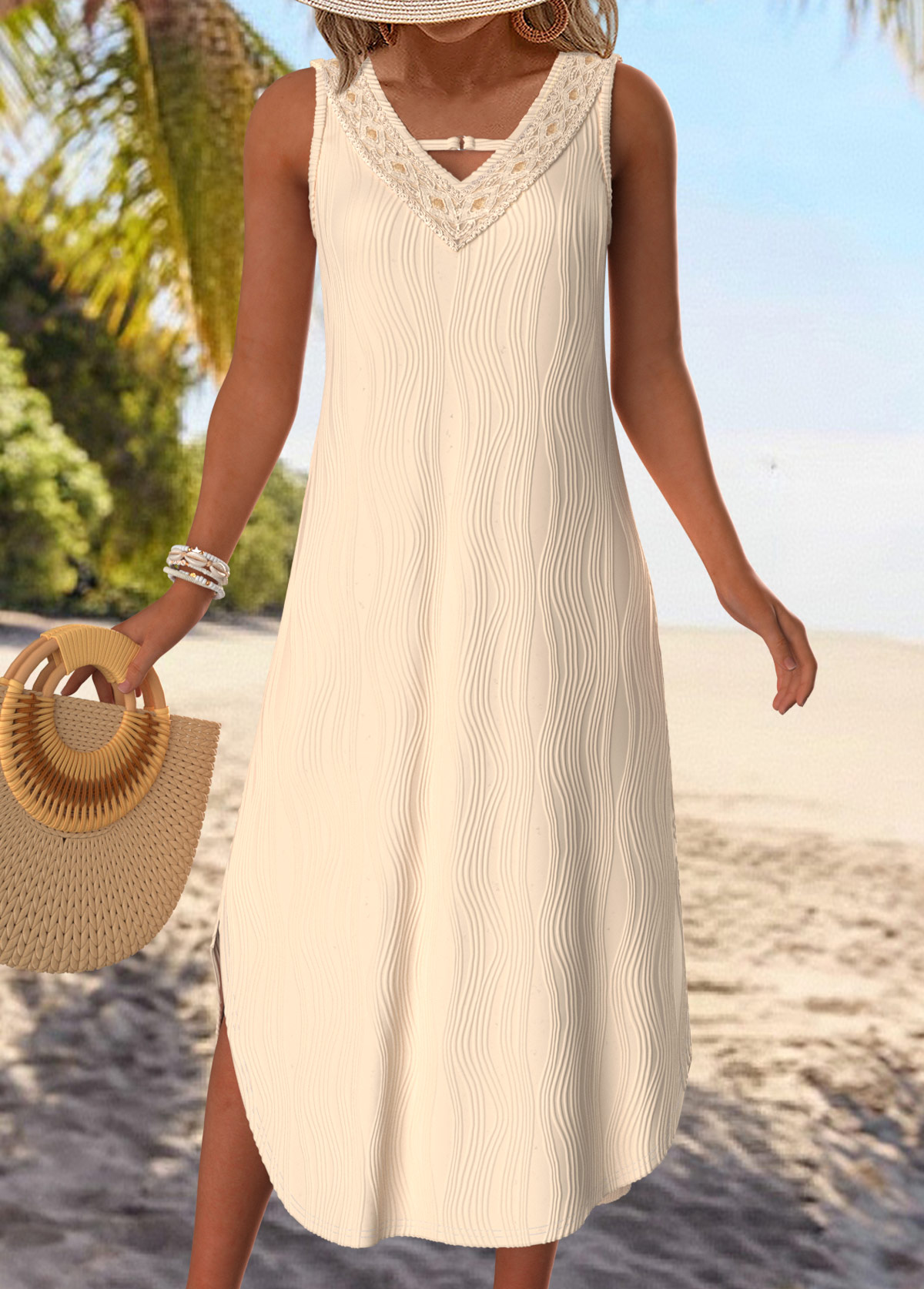 Beige Tummy Coverage Sleeveless V Neck Dress | picture 