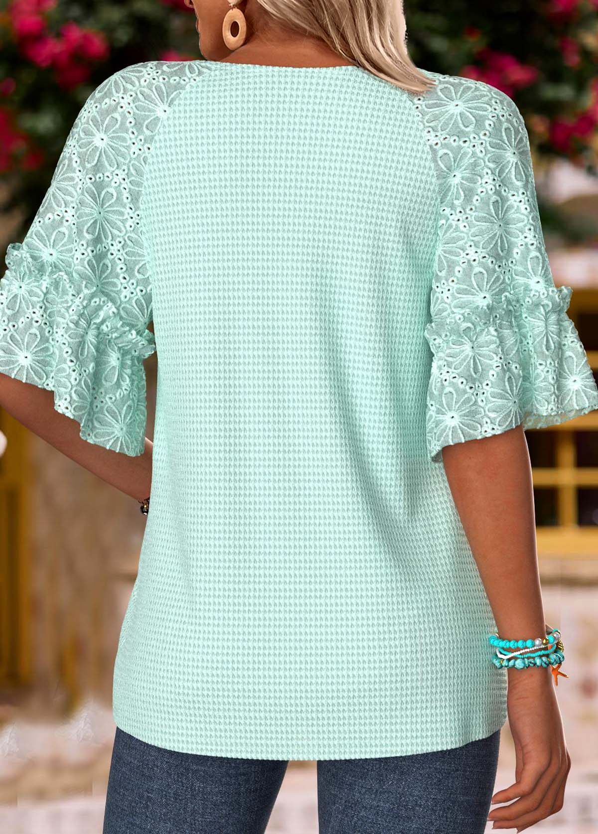 Green Patchwork Half Sleeve V Neck T Shirt | picture 