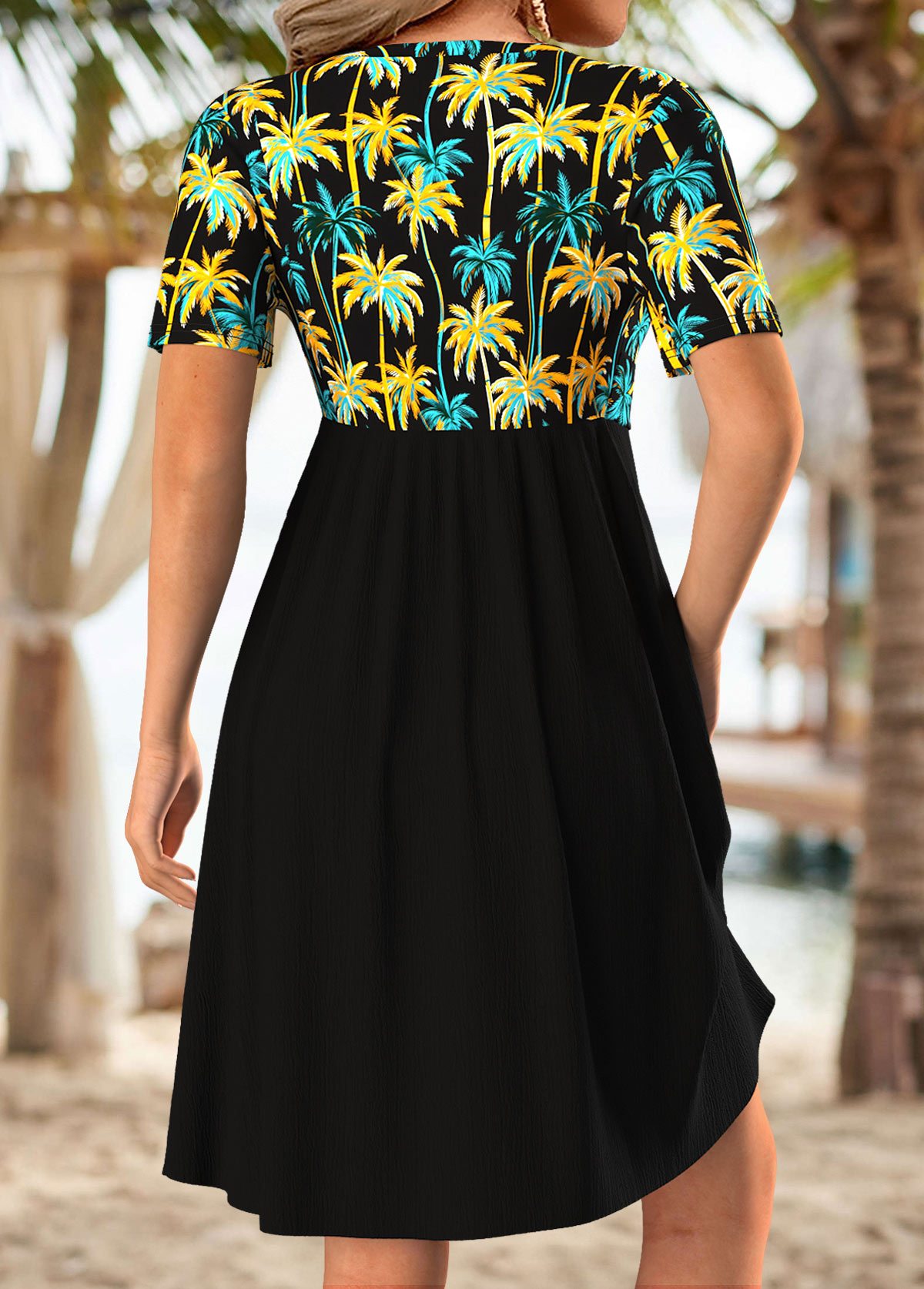 Black Tummy Coverage Tropical Plants Print Short Dress | picture 