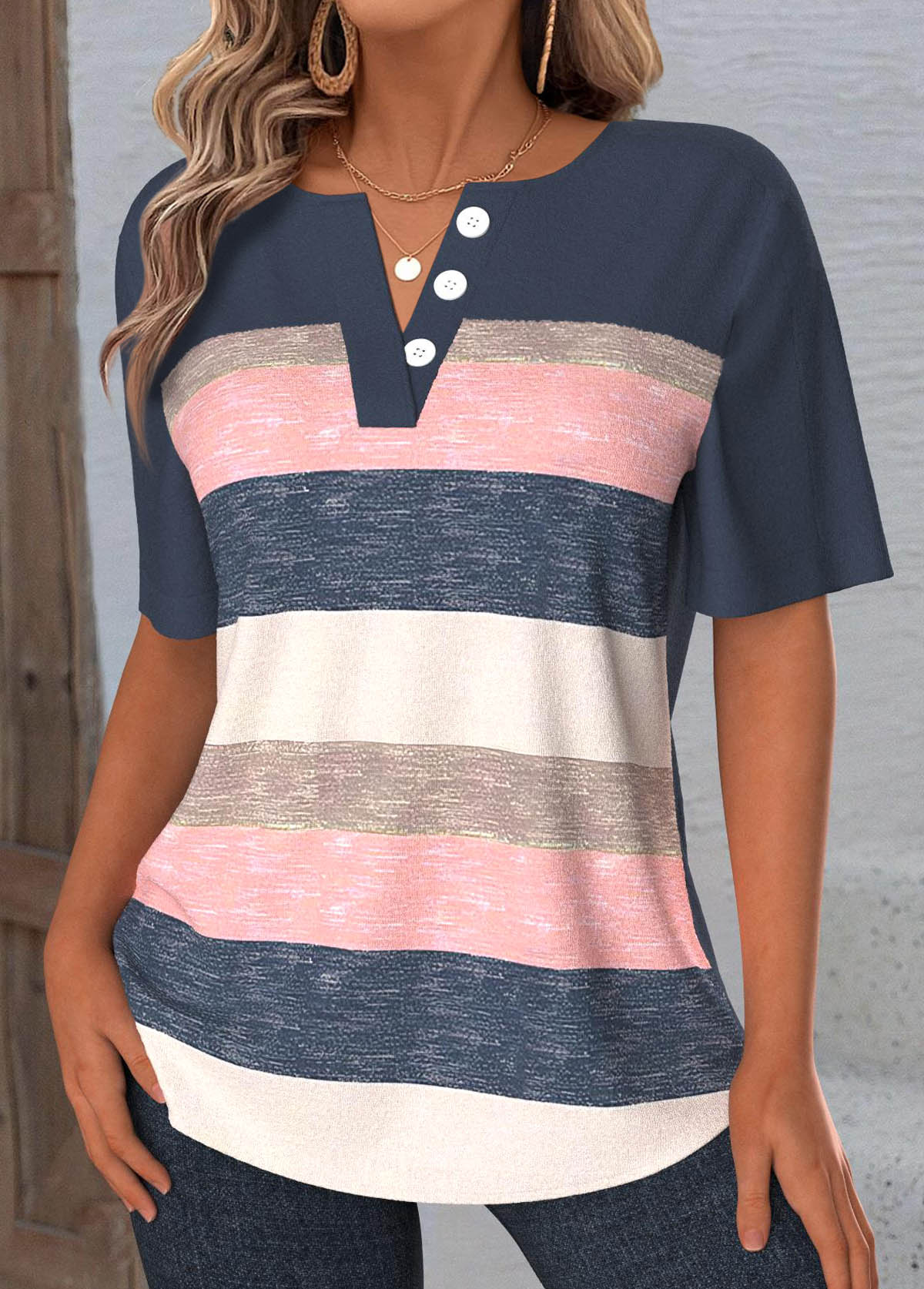 Navy Tummy Coverage Multi Stripe Print T Shirt | picture 