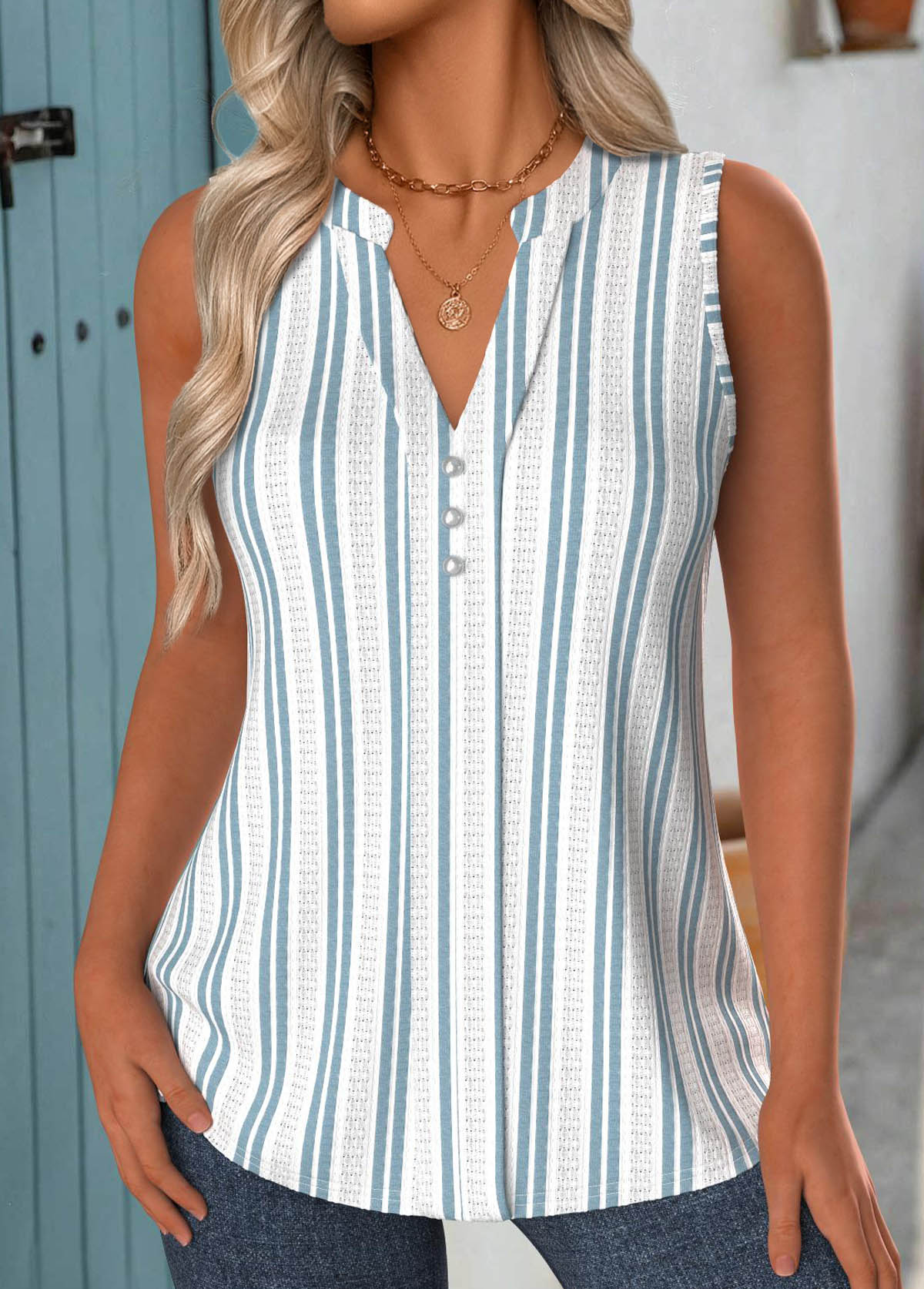 Light Blue Striped Curved Hem Sleeveless Tank Top | picture 