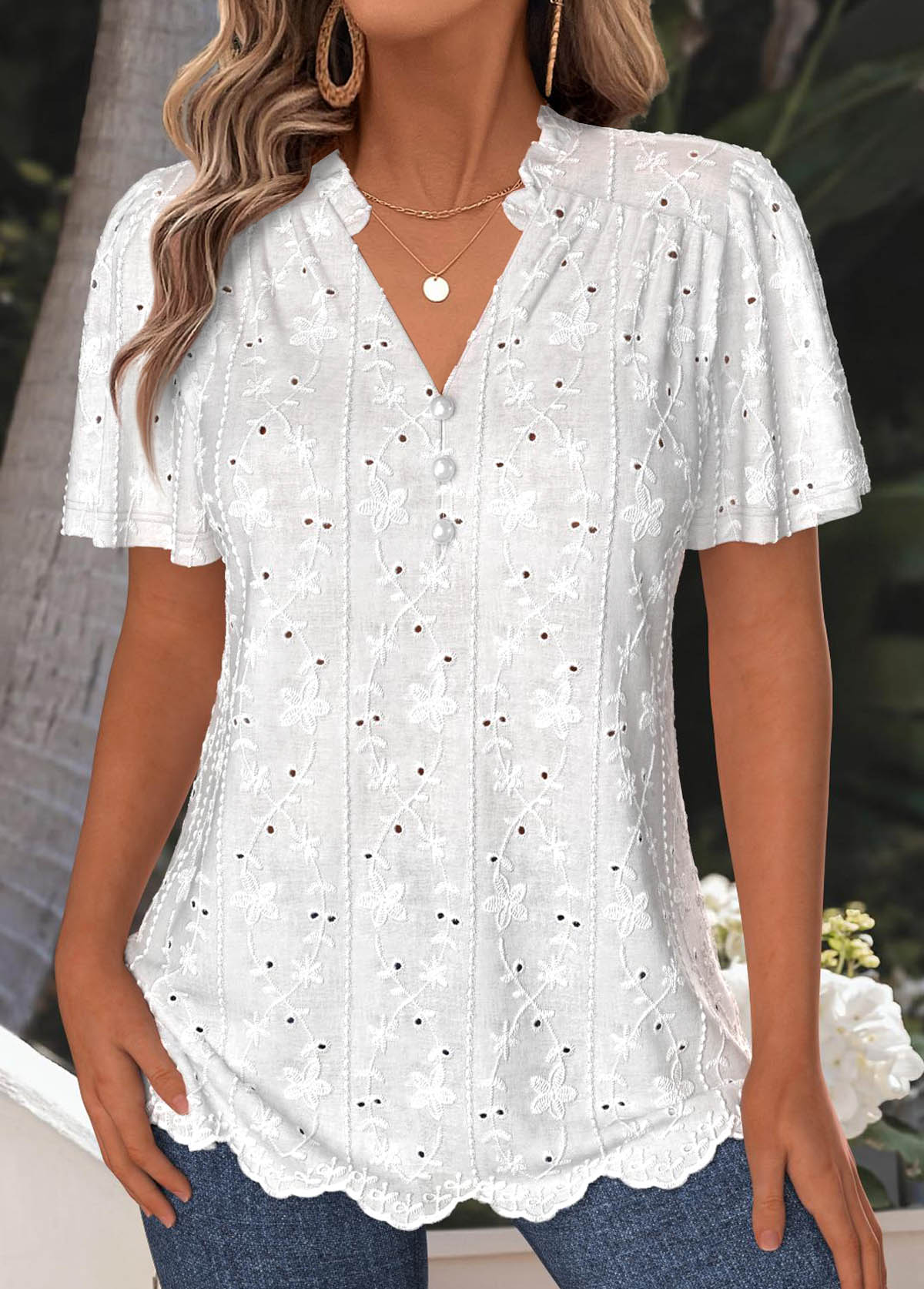 White Tummy Coverage Short Sleeve V Neck T Shirt | picture 