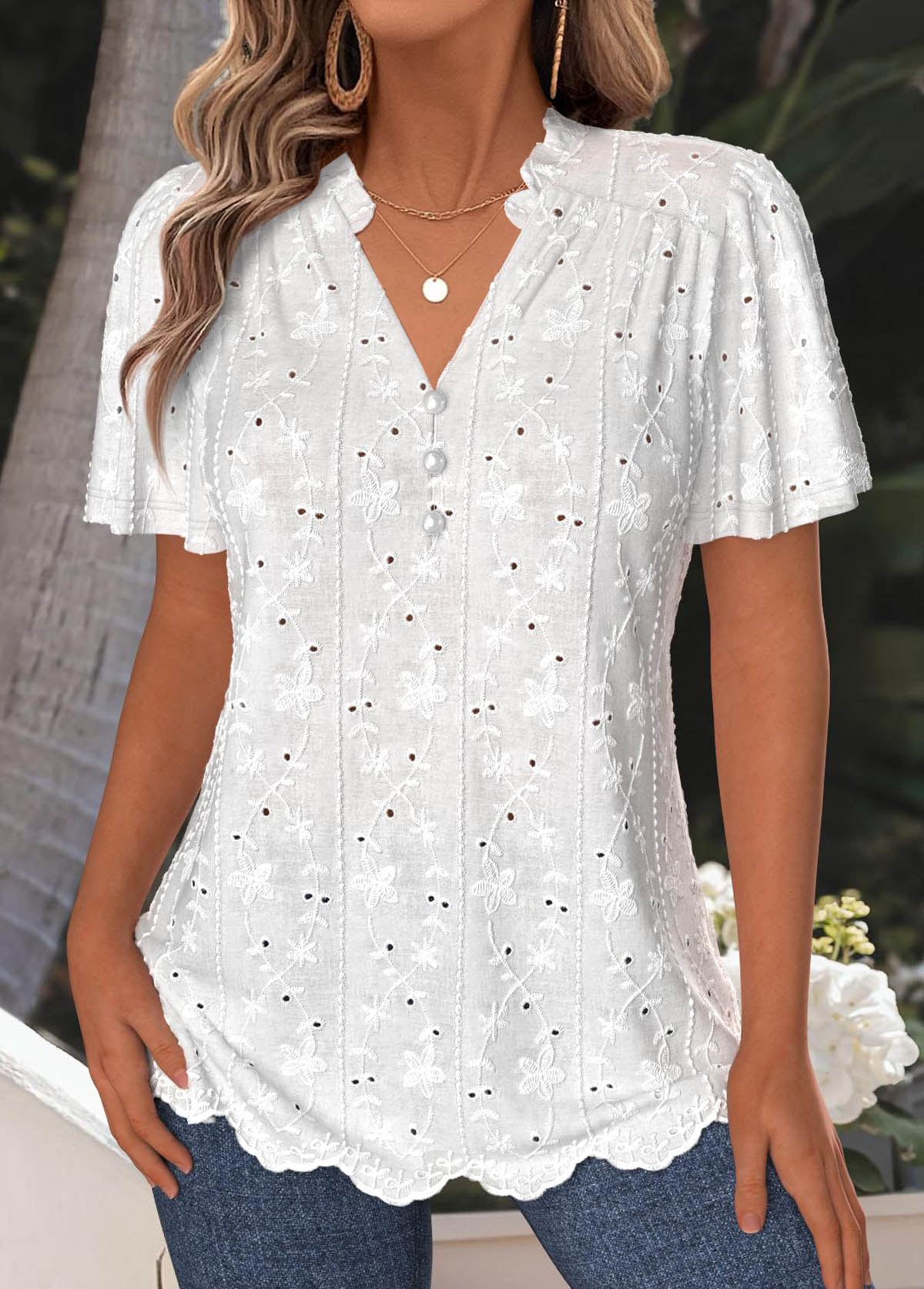 White Tummy Coverage Short Sleeve V Neck T Shirt | picture 