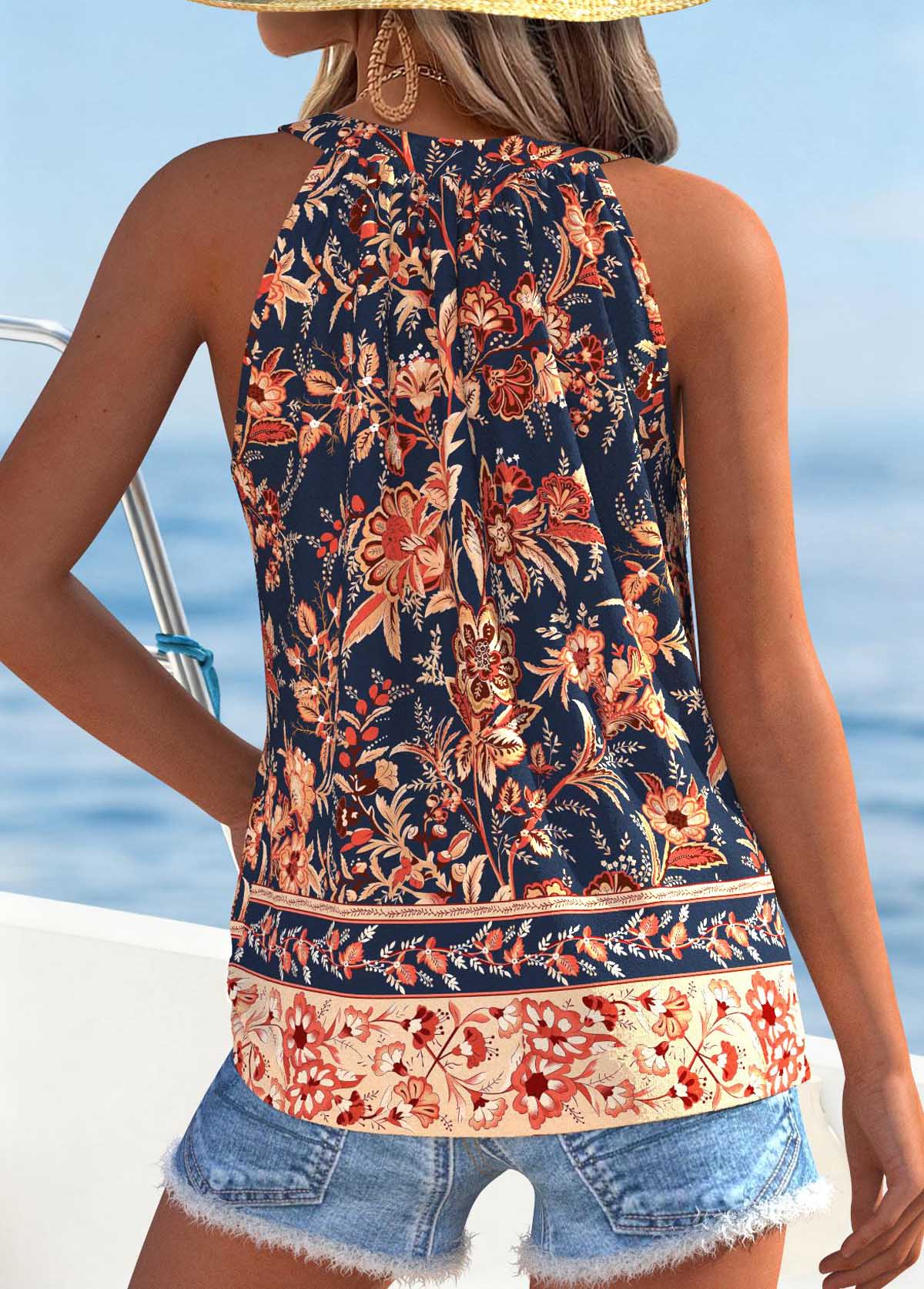 Multi Color Shirred Floral Print Sleeveless Tank Top | picture 