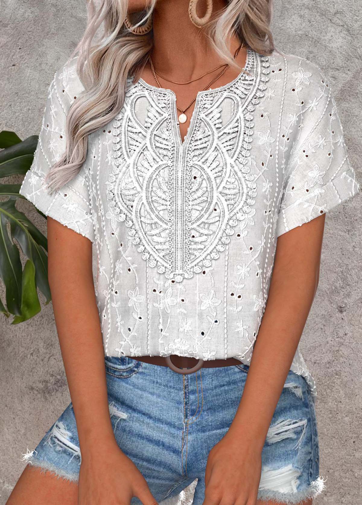 White Curved Hem Short Sleeve Split Neck Blouse | picture 