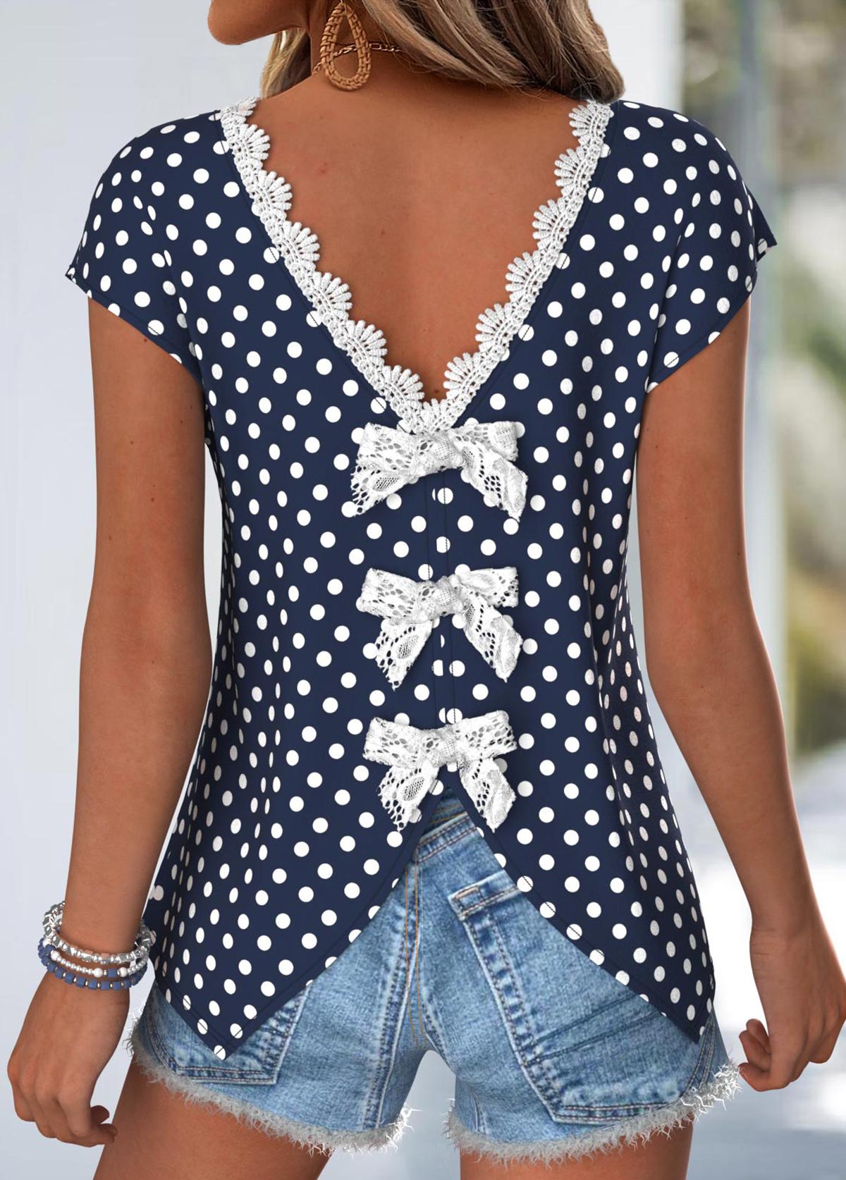 Navy Tummy Coverage Polka Dot Short Sleeve T Shirt | picture 