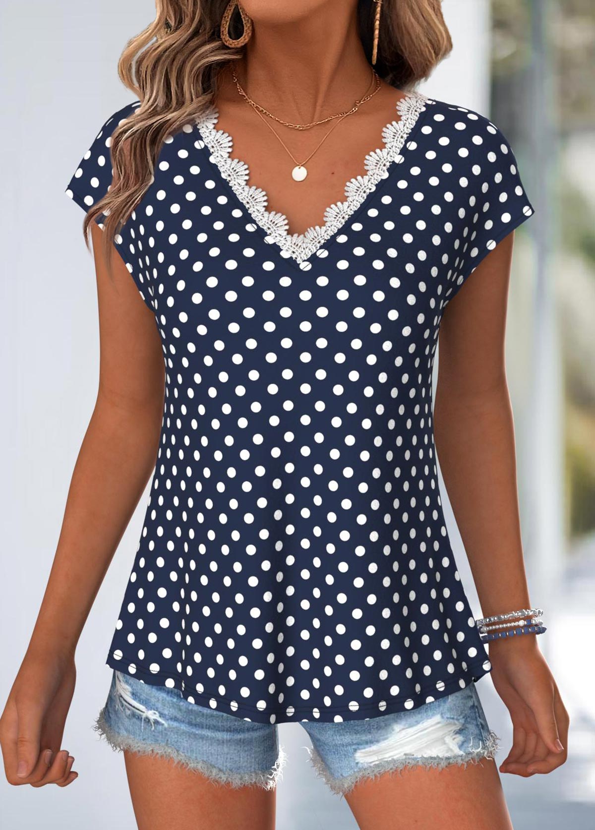 Navy Tummy Coverage Polka Dot Short Sleeve T Shirt | picture 