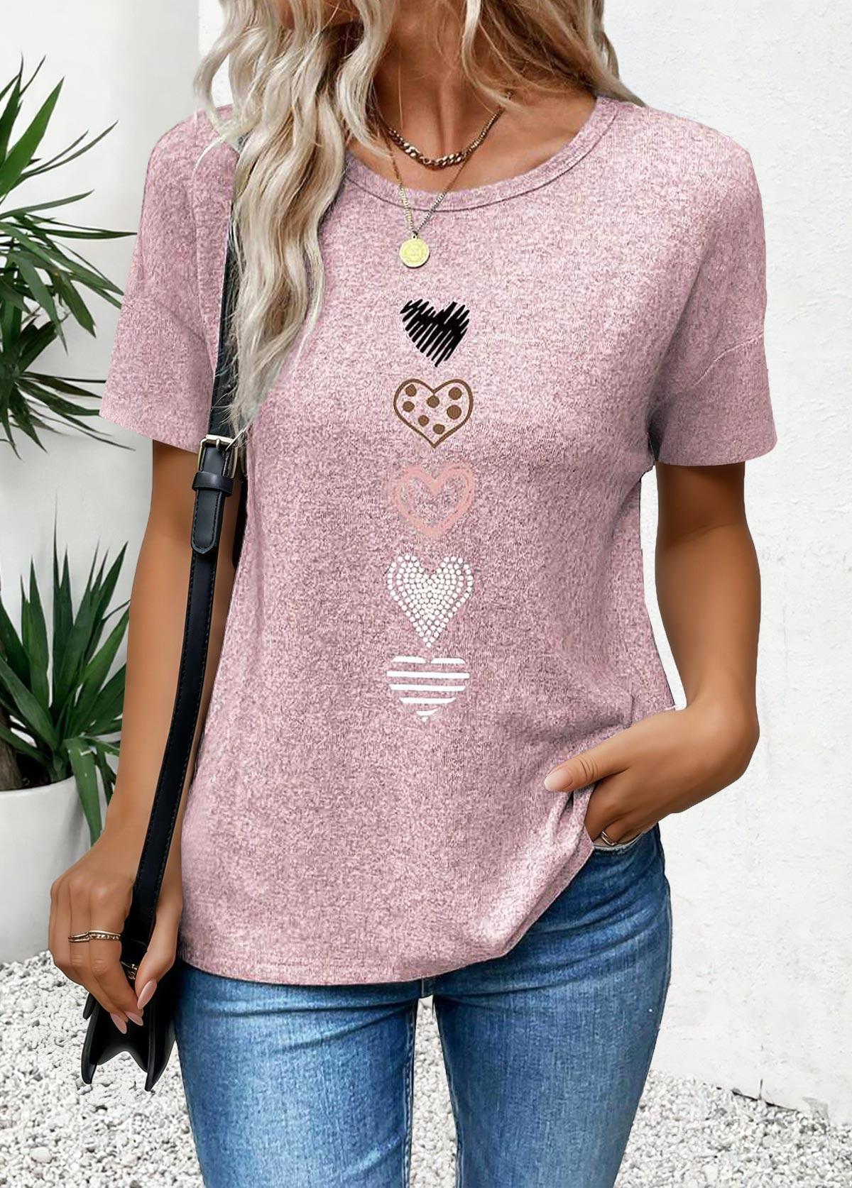 Pink Tummy Coverage Heart Print Short Sleeve T Shirt | picture 