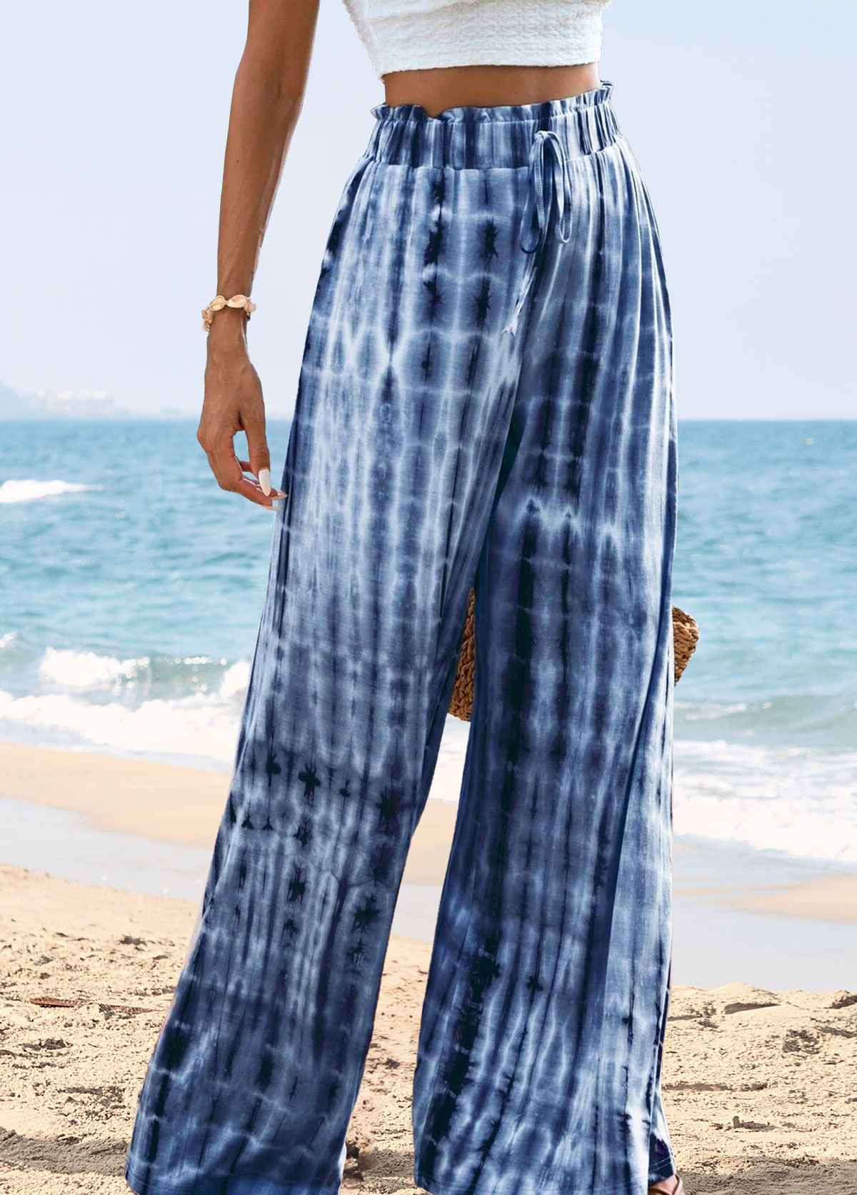 Blue Soft Tie Dye Print Wide Leg Pants | picture 