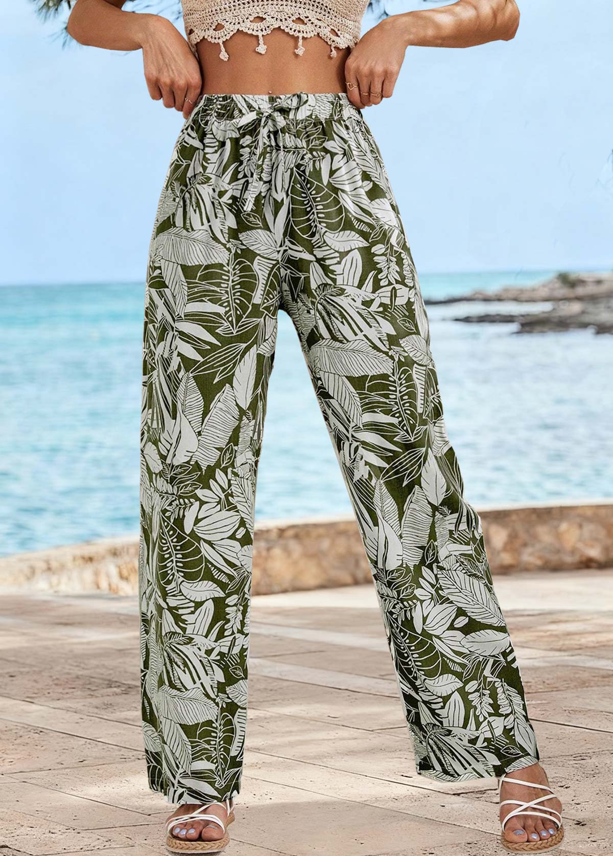 Olive Green Soft Leaf Print Straight Leg Pants | picture 