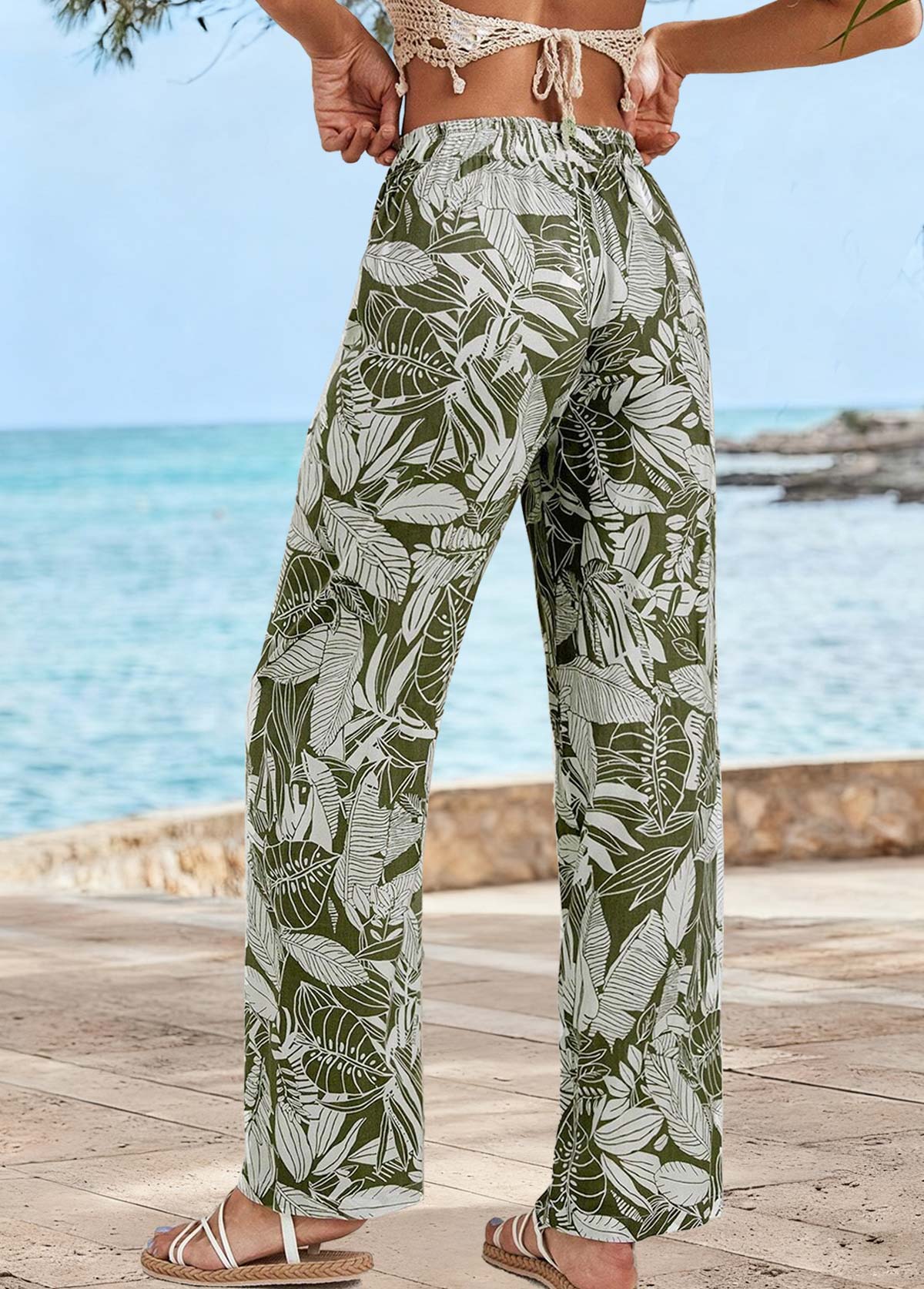 Olive Green Soft Leaf Print Straight Leg Pants | picture 