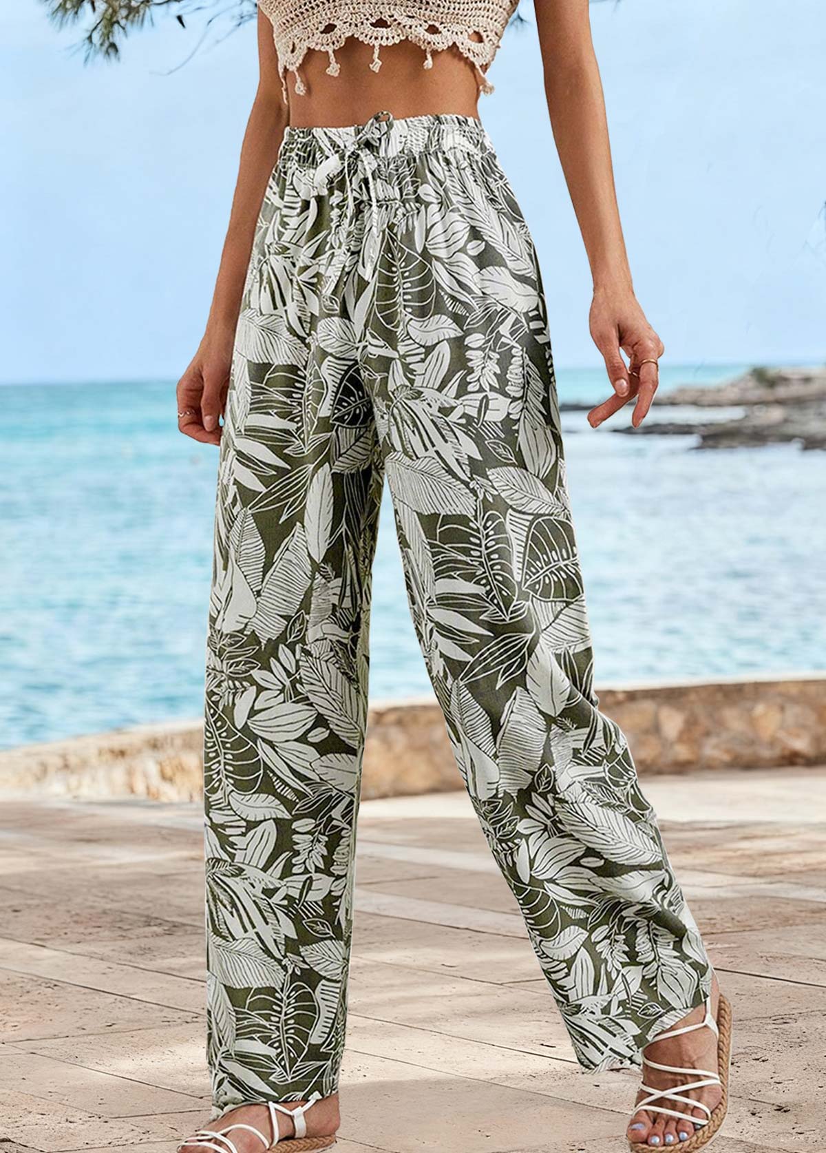 Olive Green Soft Leaf Print Straight Leg Pants | picture 