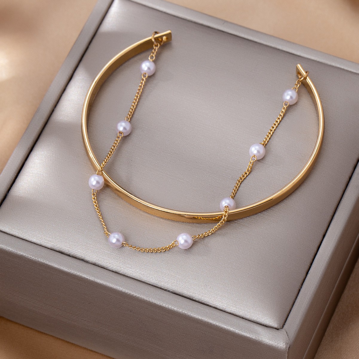 Golden Iron Layered Design Pearl Bangle | picture 