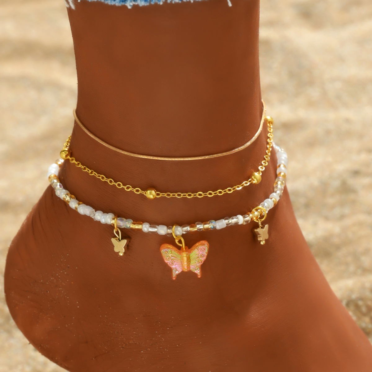 Golden Butterfly Plastic Beaded Anklet Set | picture 