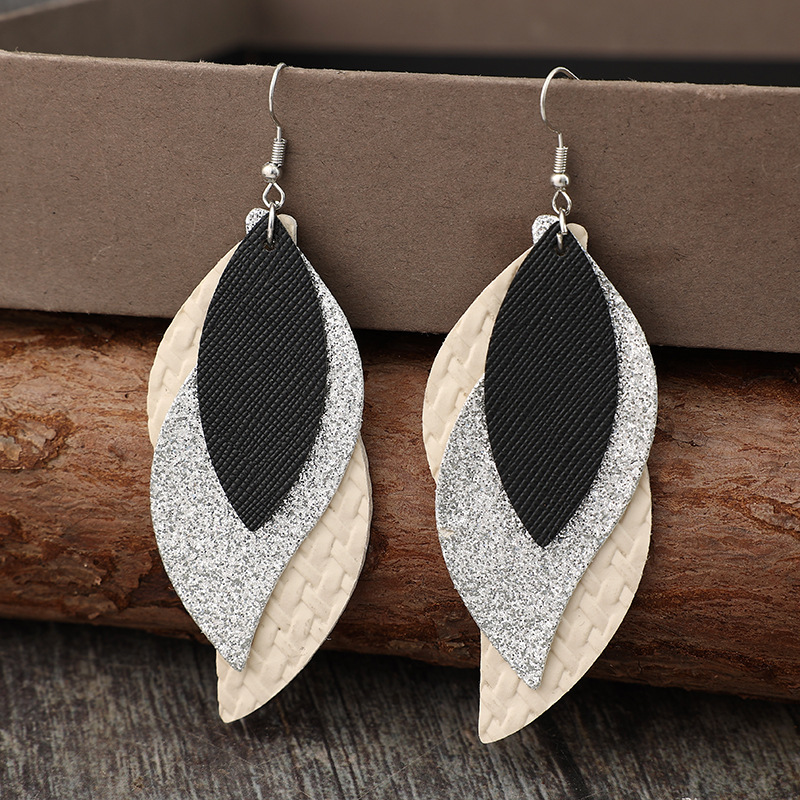 Beige Leaf Faux Leather Patchwork Earrings | picture 