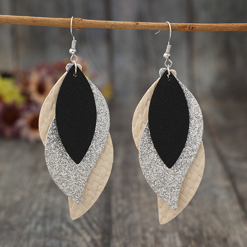 Beige Leaf Faux Leather Patchwork Earrings | picture 