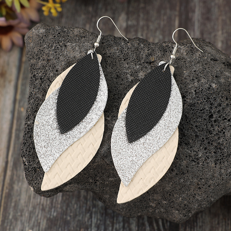 Beige Leaf Faux Leather Patchwork Earrings | picture 