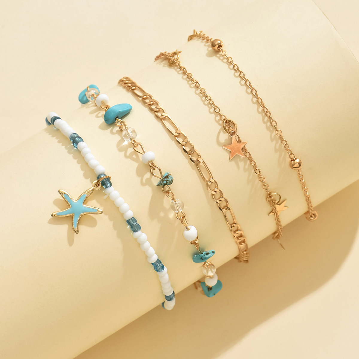 Mint Green Star Alloy Beaded Anklets | picture 
