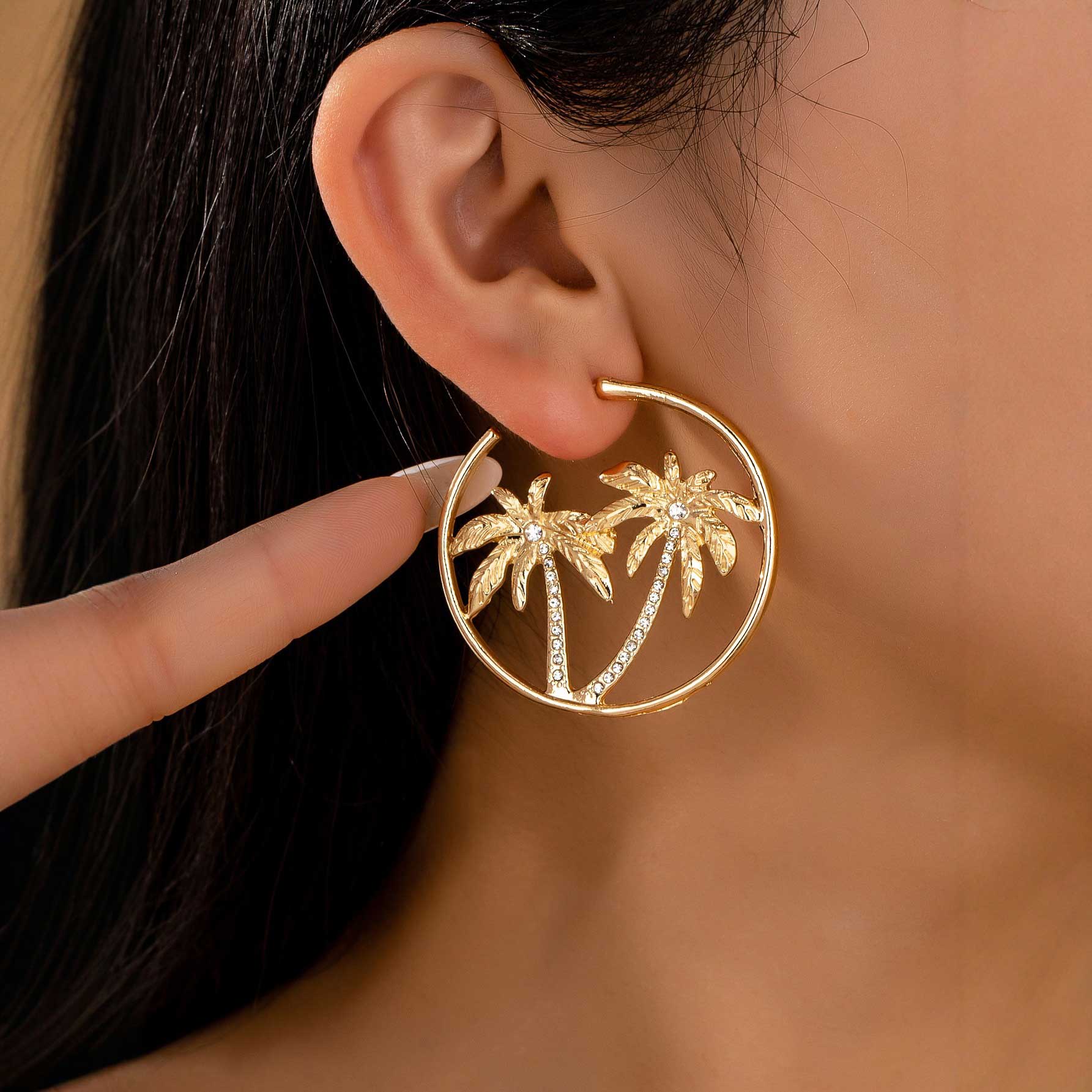 Golden Coconut Tree Circle Alloy Earrings | picture 