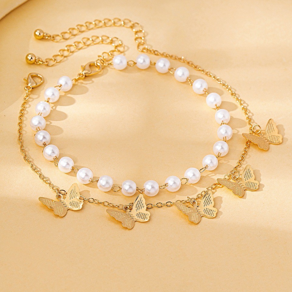 Golden Color Butterfly Pearl Design Anklets | picture 