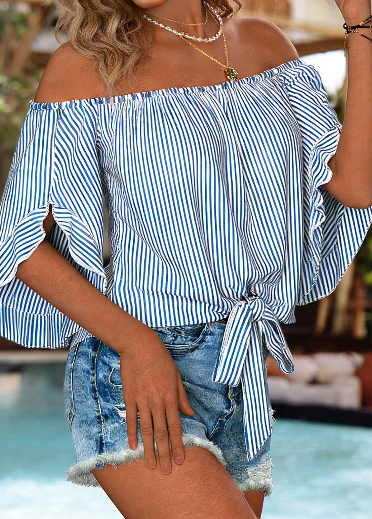 Blue Tie Striped Half Sleeve Off Shoulder Blouse | picture 
