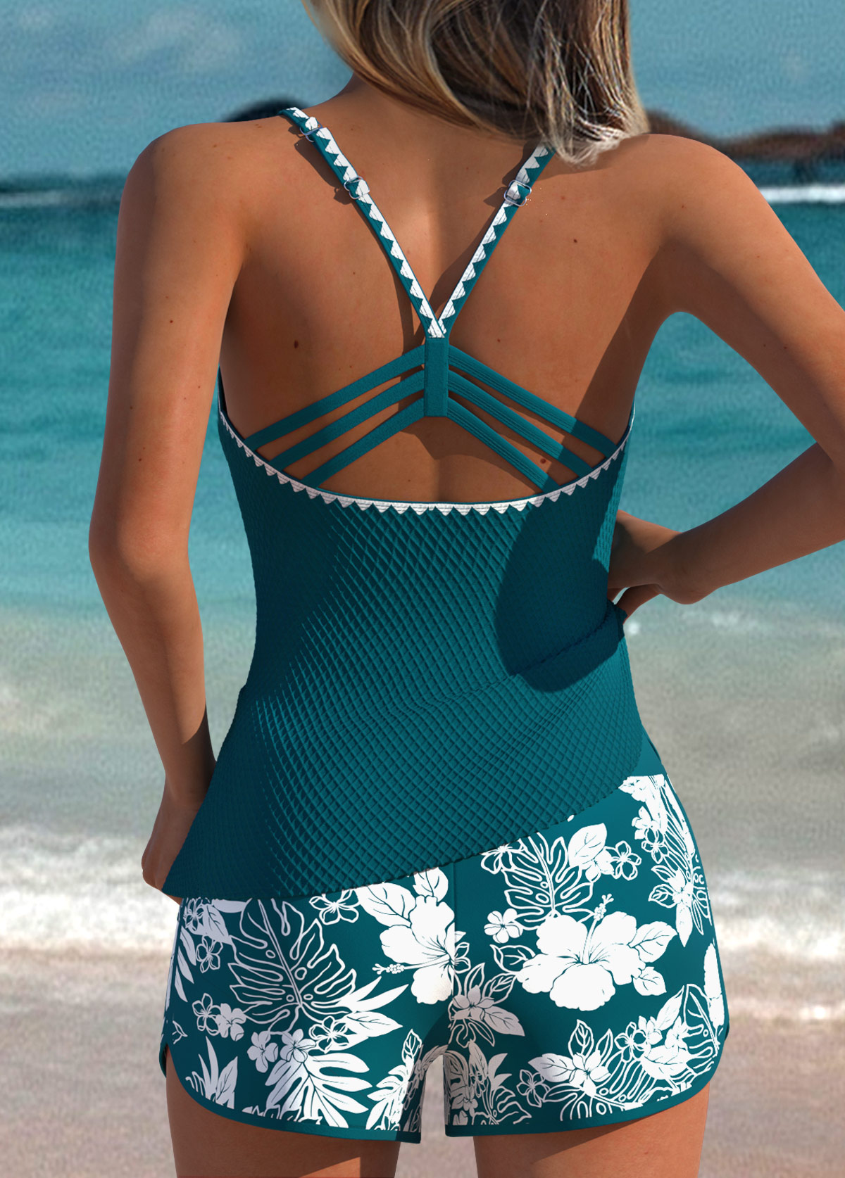 Tummy Coverage Mid Waisted Tropical Plants Print Tankini Set | picture 