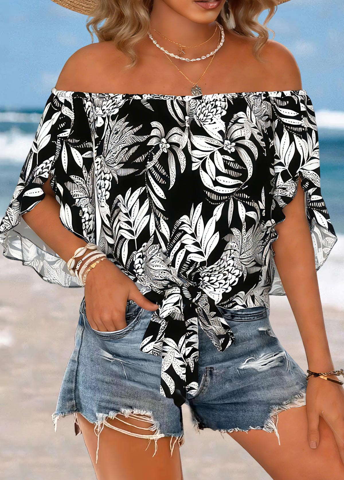 Black Tie Floral Print Half Sleeve Off Shoulder Blouse | picture 