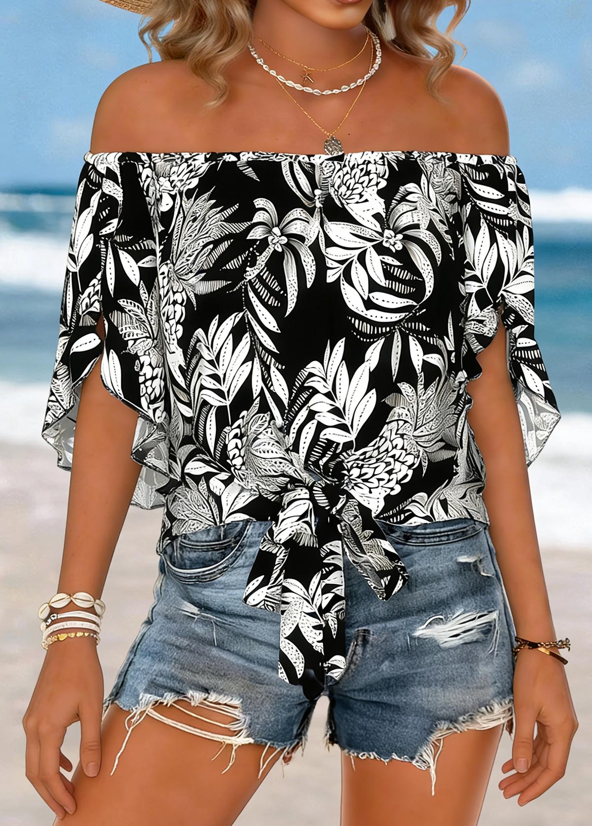 Black Tie Floral Print Half Sleeve Off Shoulder Blouse | picture 