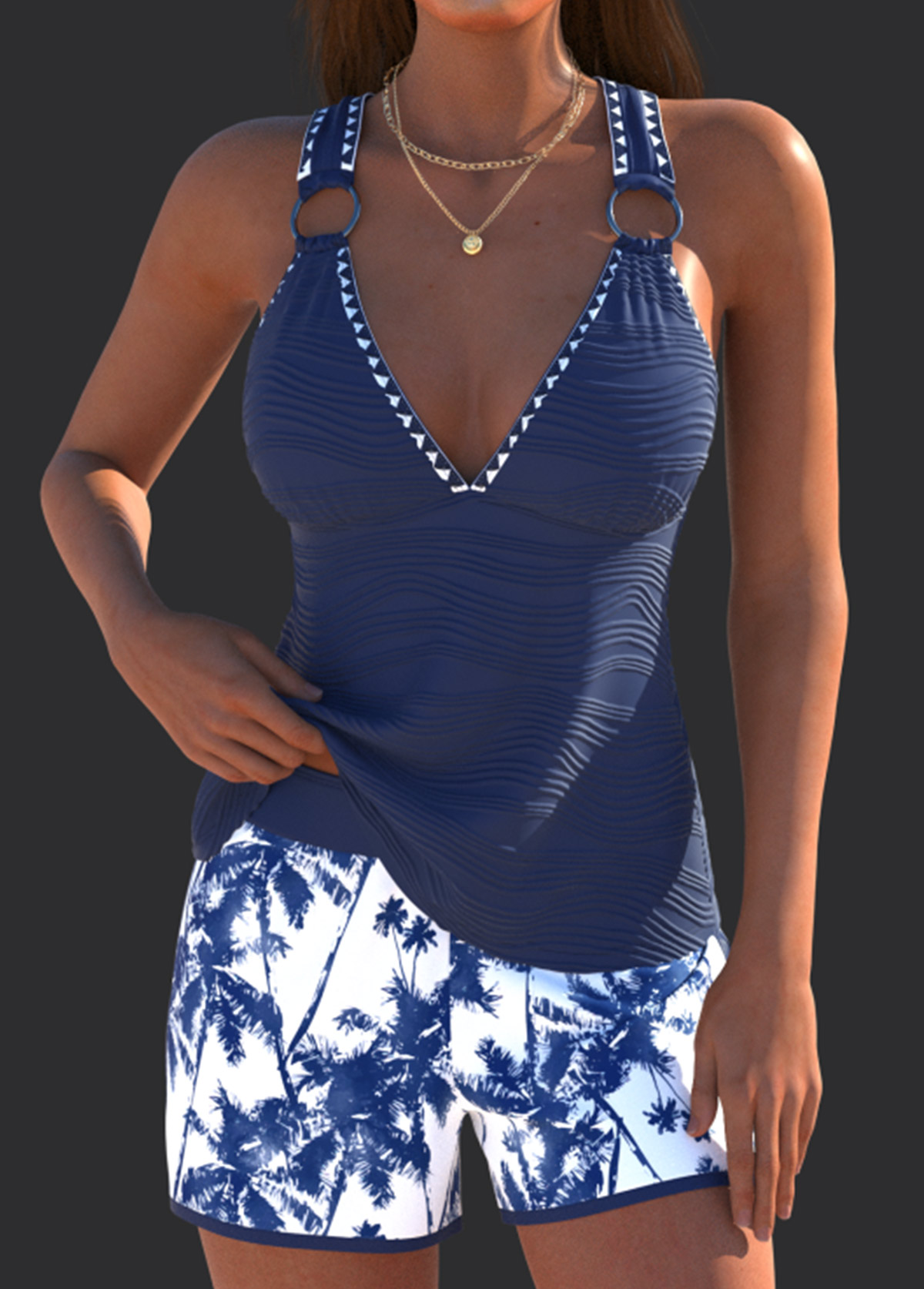 Tummy Coverage Mid Waisted Tropical Plants Print Tankini Set | picture 