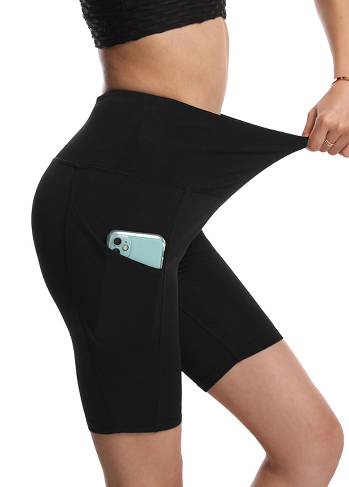 Black High Stretch Skinny Elastic Waist Fitted Sports Shorts | picture 