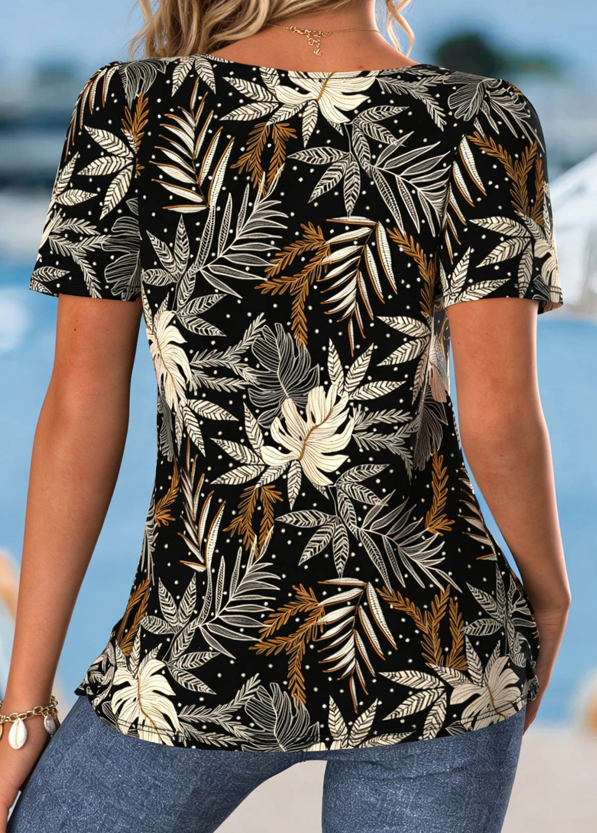 Black Tummy Coverage Leaf Print Short Sleeve T Shirt | picture 