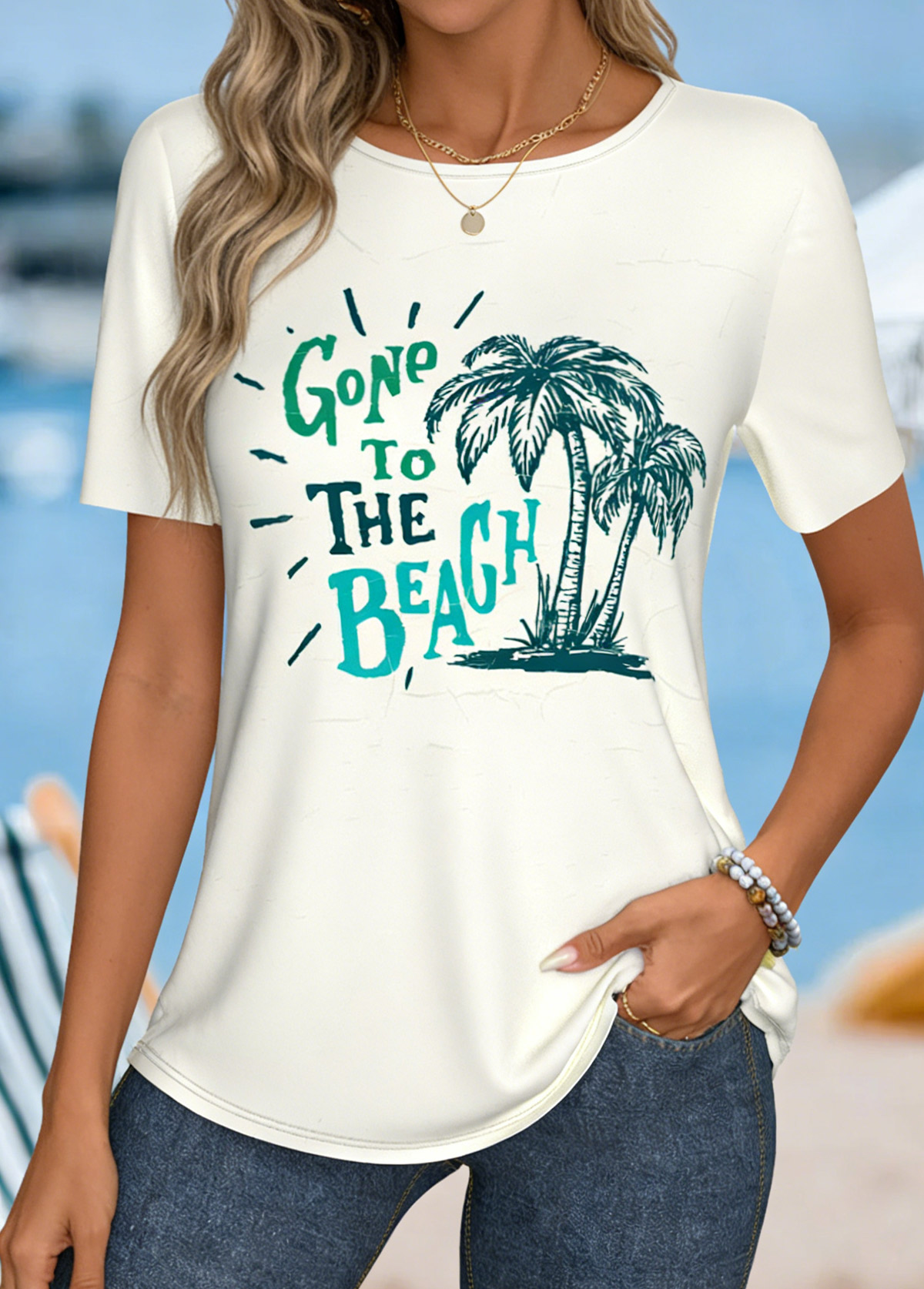 Beige Tummy Coverage Tropical Plants Print T Shirt | picture 