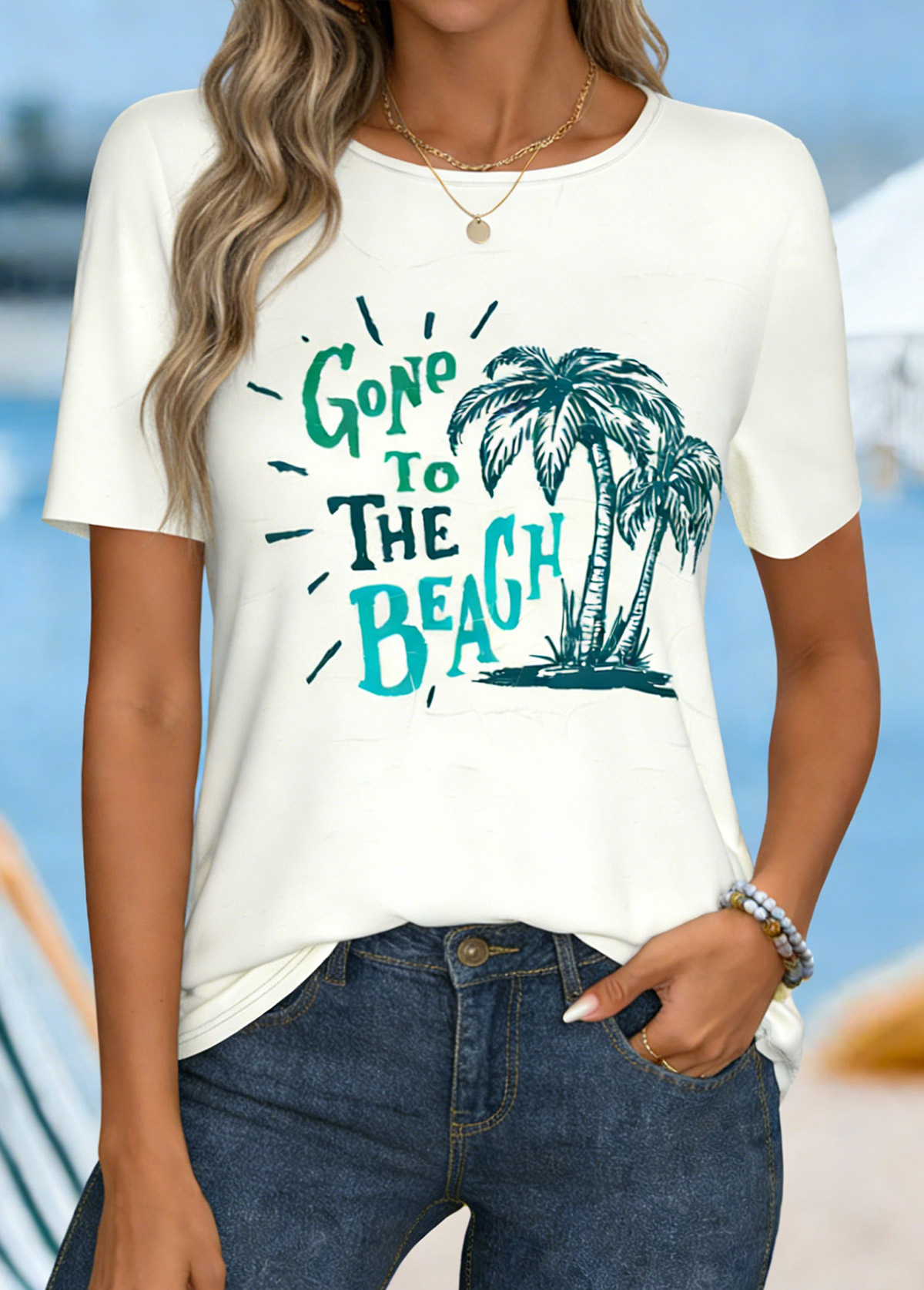 Beige Tummy Coverage Tropical Plants Print T Shirt | picture 