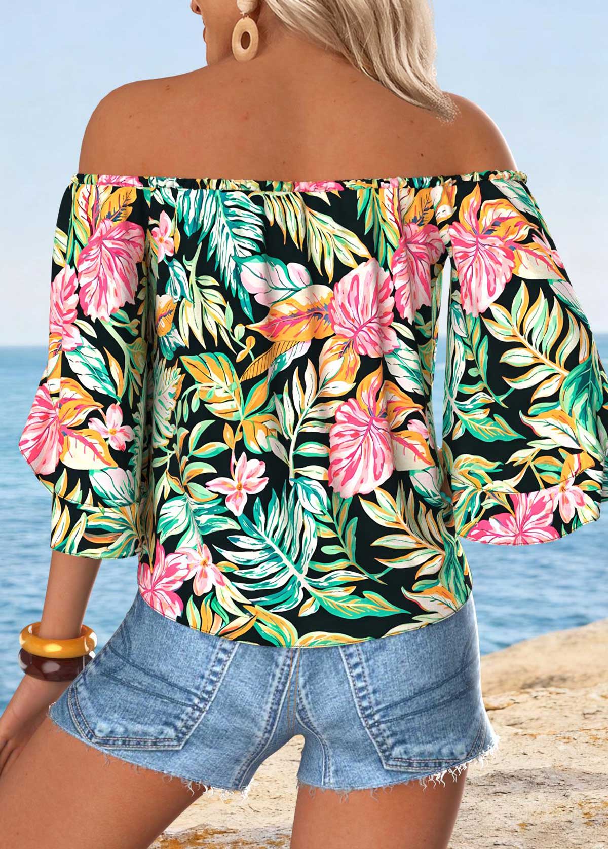 Multi Color Tummy Coverage Tropical Plants Print Blouse | picture 