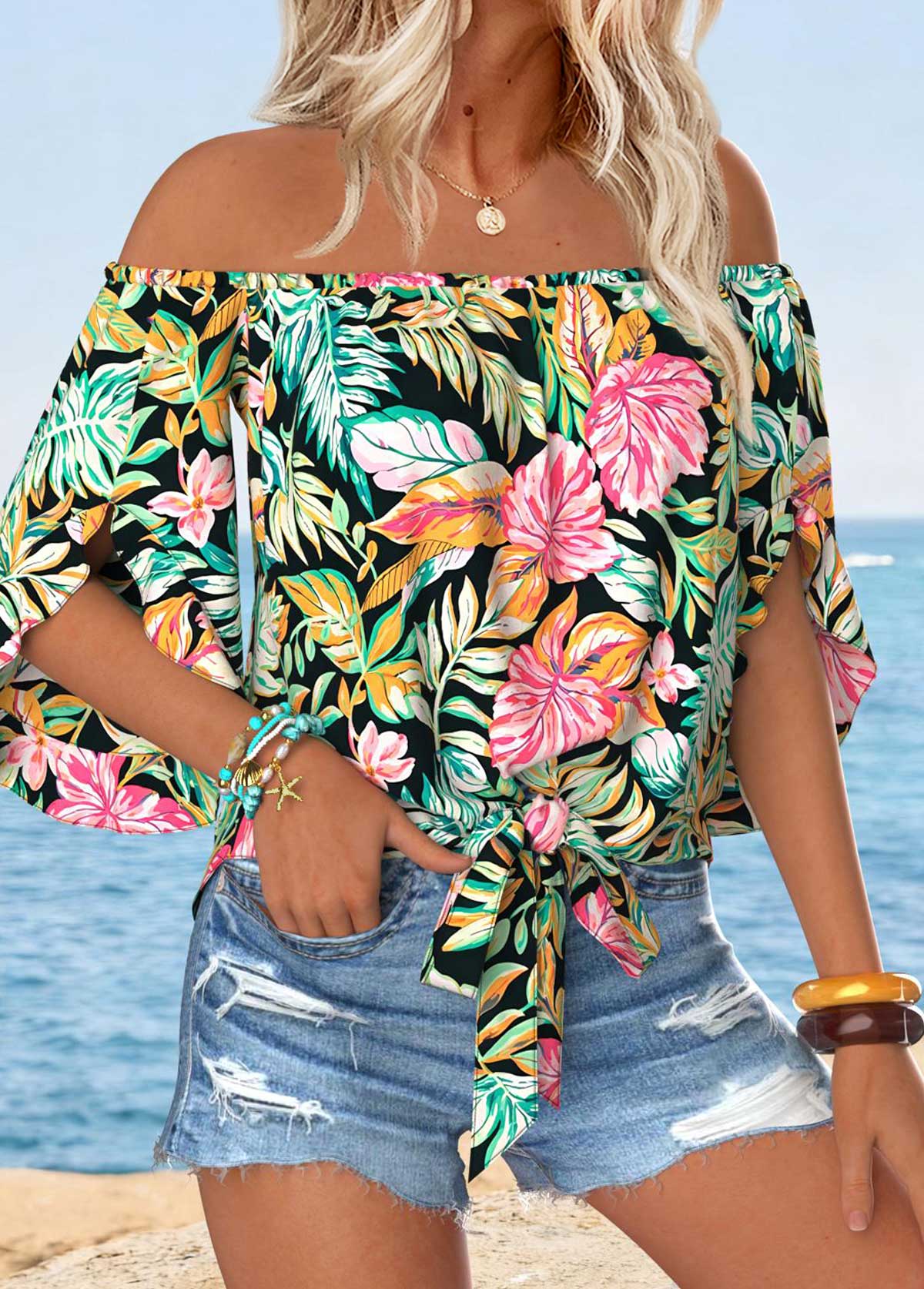 Multi Color Tummy Coverage Tropical Plants Print Blouse | picture 