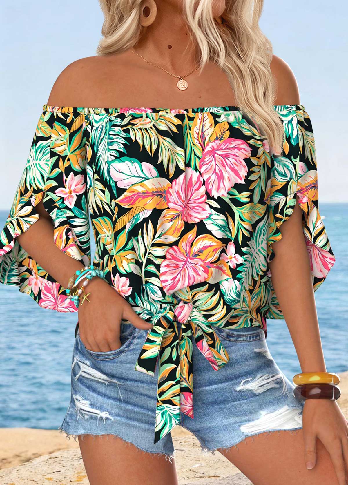 Multi Color Tummy Coverage Tropical Plants Print Blouse | picture 