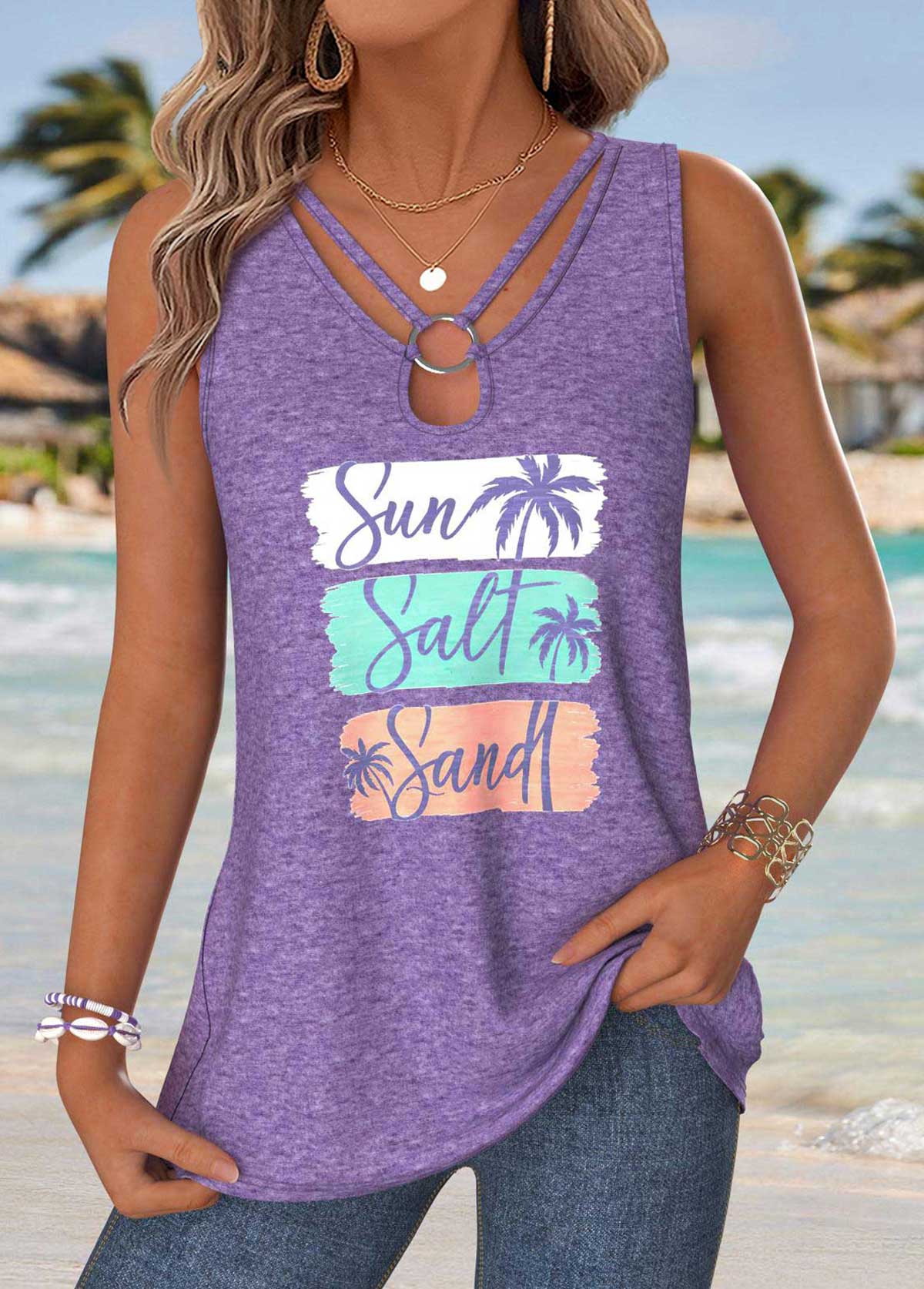 Purple Tummy Coverage Letter Print Sleeveless Tank Top | picture 