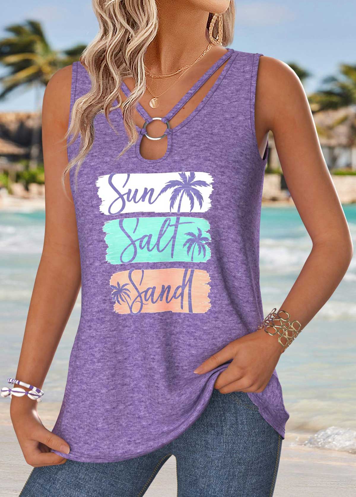 Purple Tummy Coverage Letter Print Sleeveless Tank Top | picture 