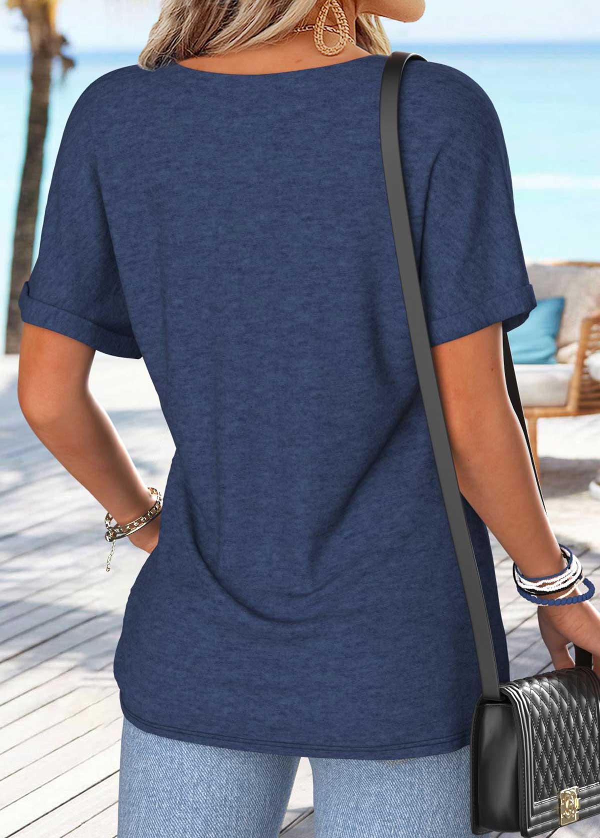 Navy Tummy Coverage Letter Print Short Sleeve T Shirt | picture 