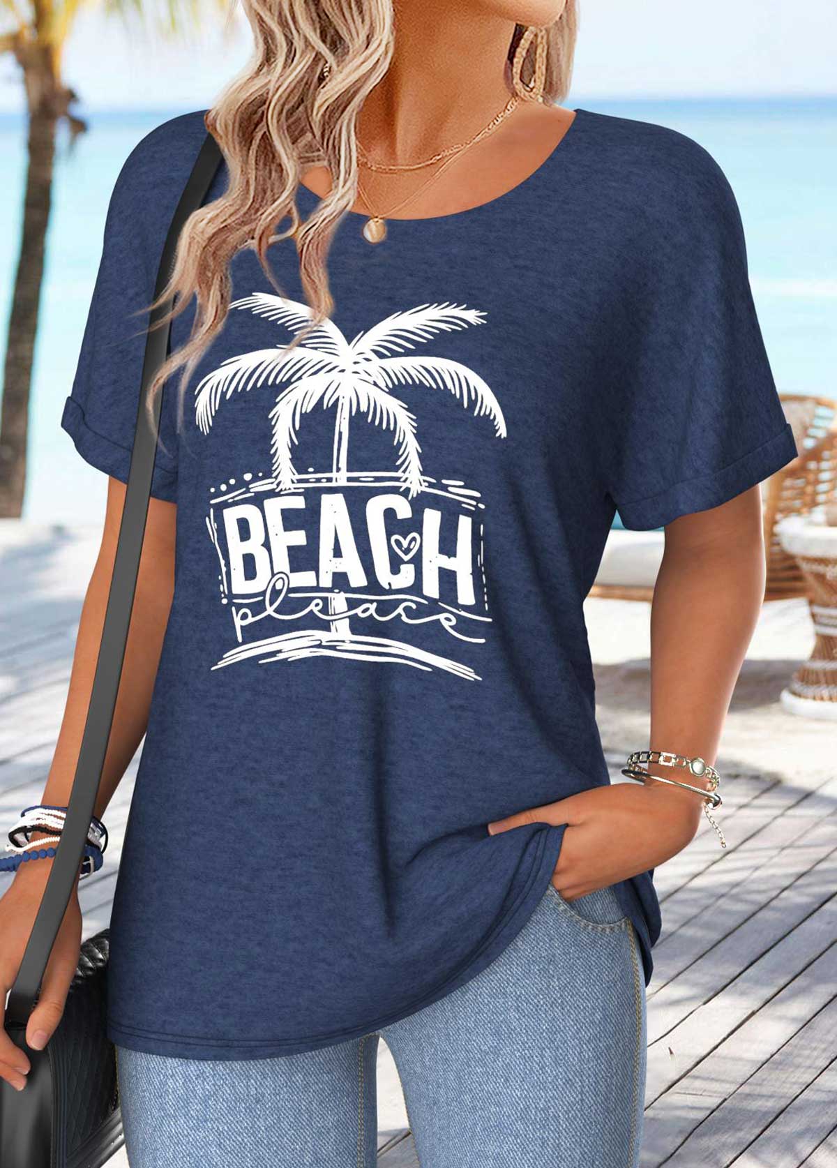 Navy Tummy Coverage Letter Print Short Sleeve T Shirt | picture 